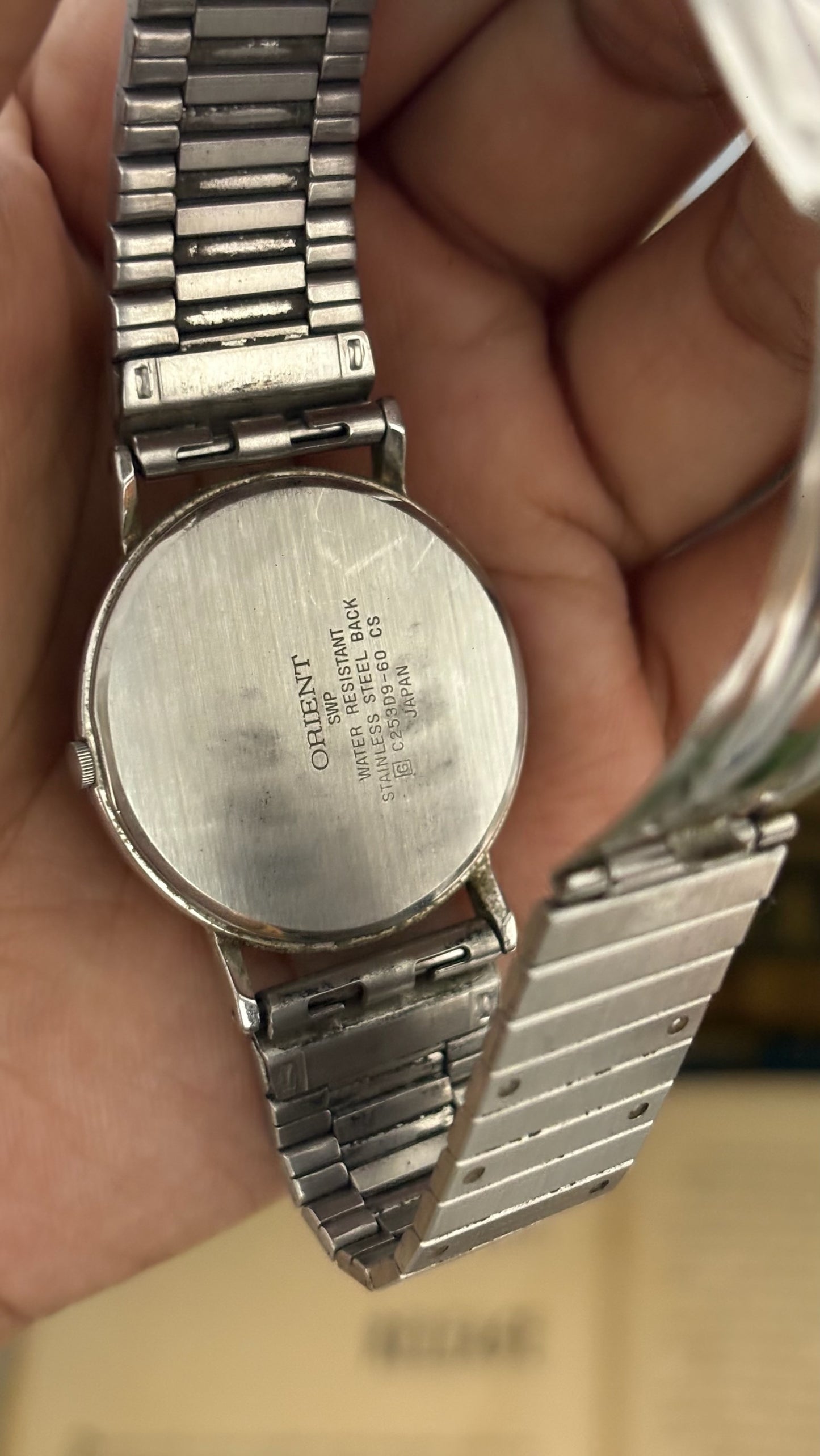 Vintage Sentimental Graffiti YOU by Orient Round Dress Watch with Flat Panel Stretch Band in Silver Tone White Dial Quartz