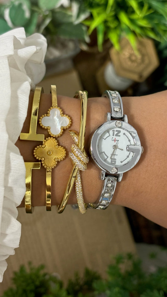 Vintage Colline G-Logo Open Face Watch with Rhinestone-Accented Bangle Strap in Silver Tone White Dial Quartz