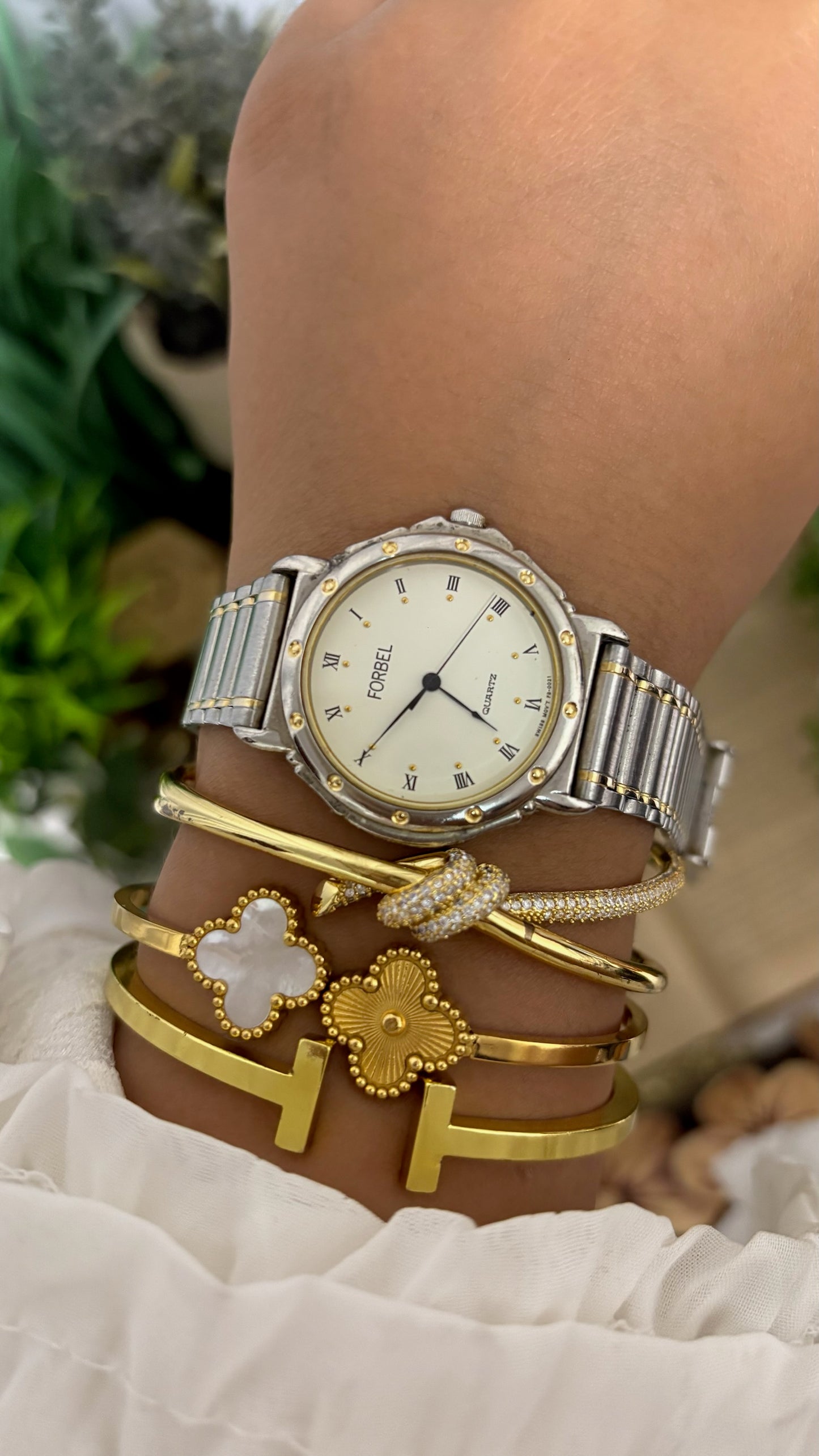Vintage Forbel Round Classic Dress Watch with Multi-Row Textured Link Bracelet in Gold Tone White Dial Quartz