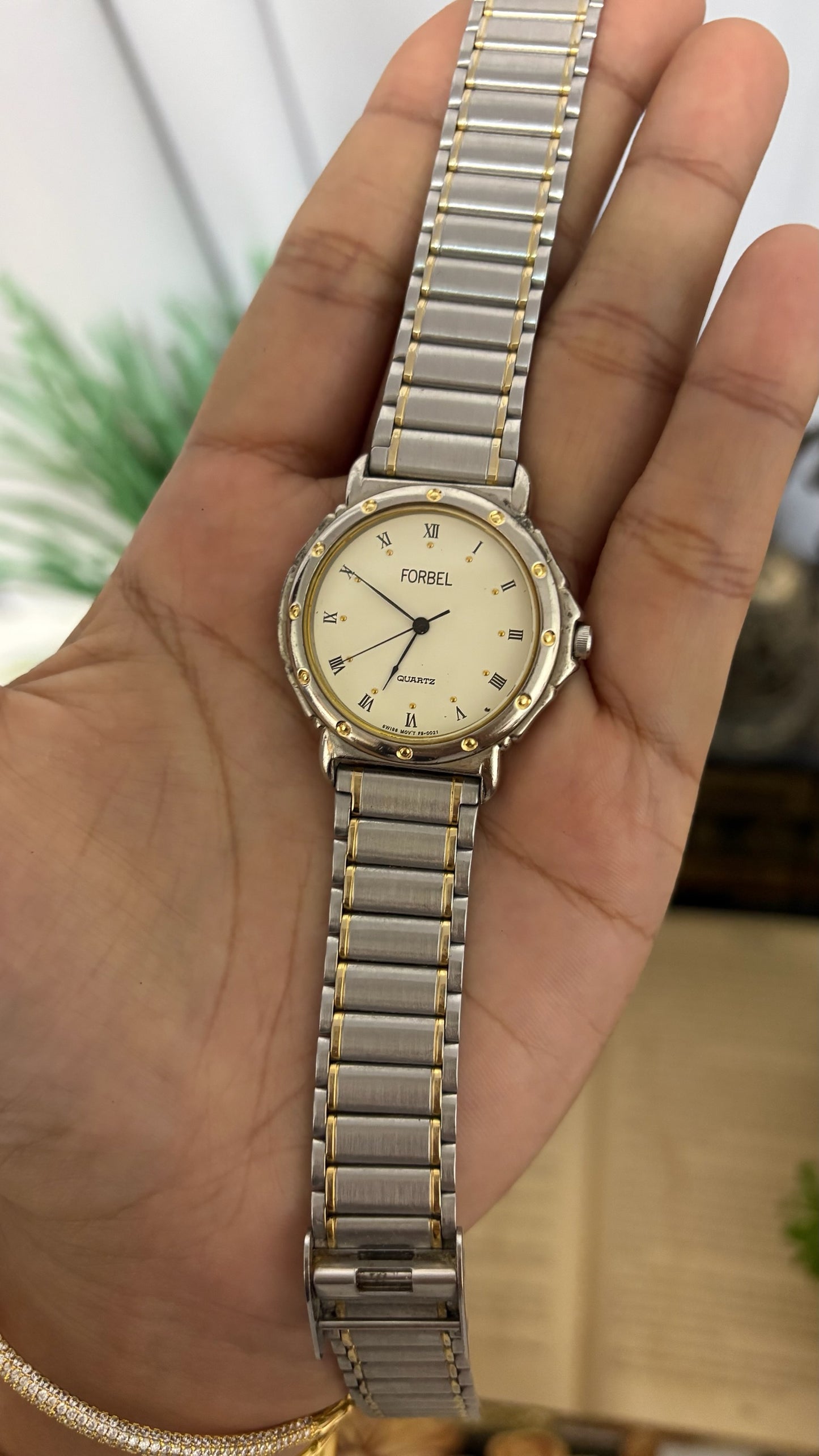 Vintage Forbel Round Classic Dress Watch with Multi-Row Textured Link Bracelet in Gold Tone White Dial Quartz