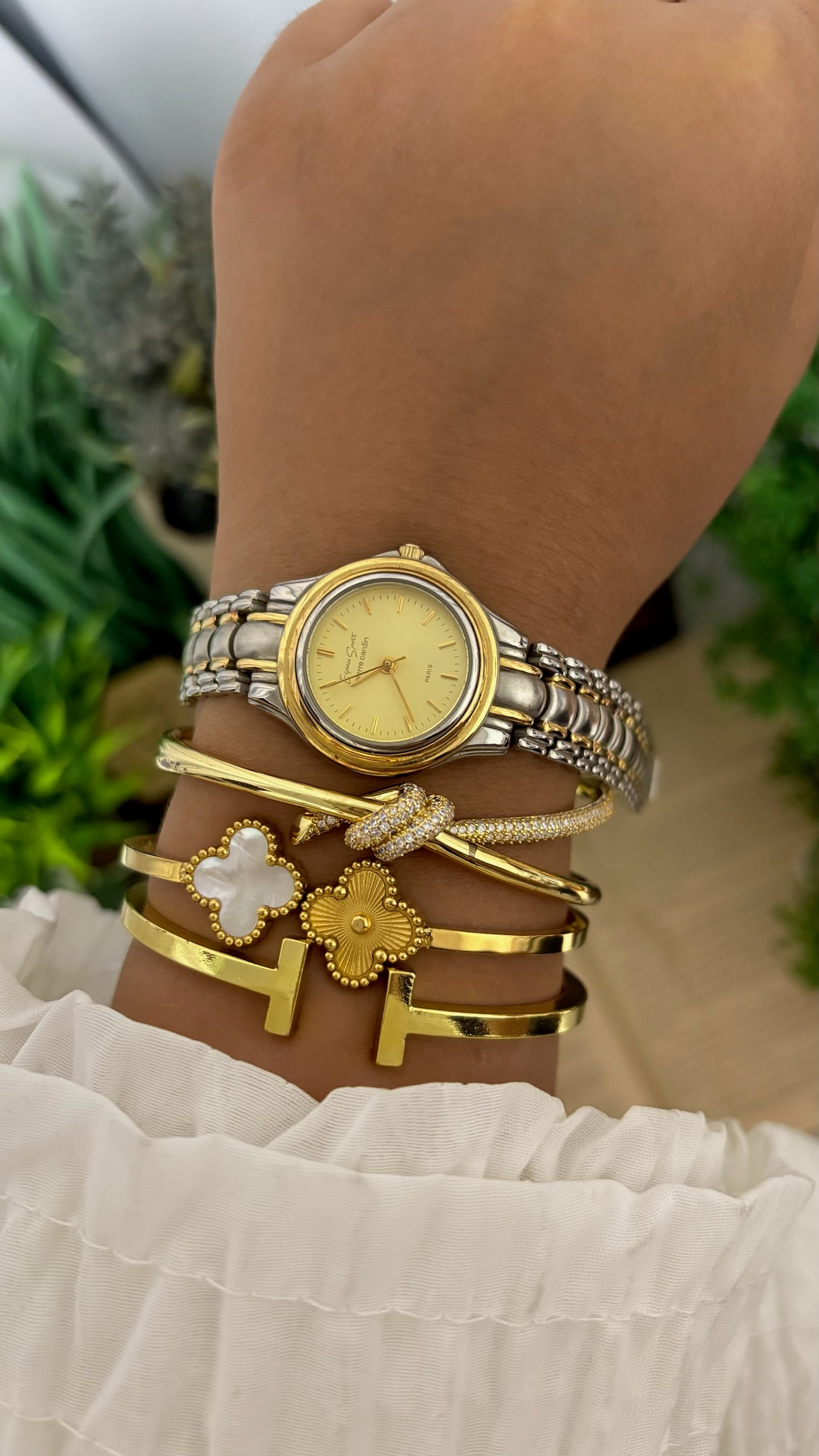 Vintage Espace Sport by Pierre Cardin Round Dress Watch with Two-Tone Multi-Row Textured Link Bracelet in Gold and Silver Tone Champagne Dial Quartz