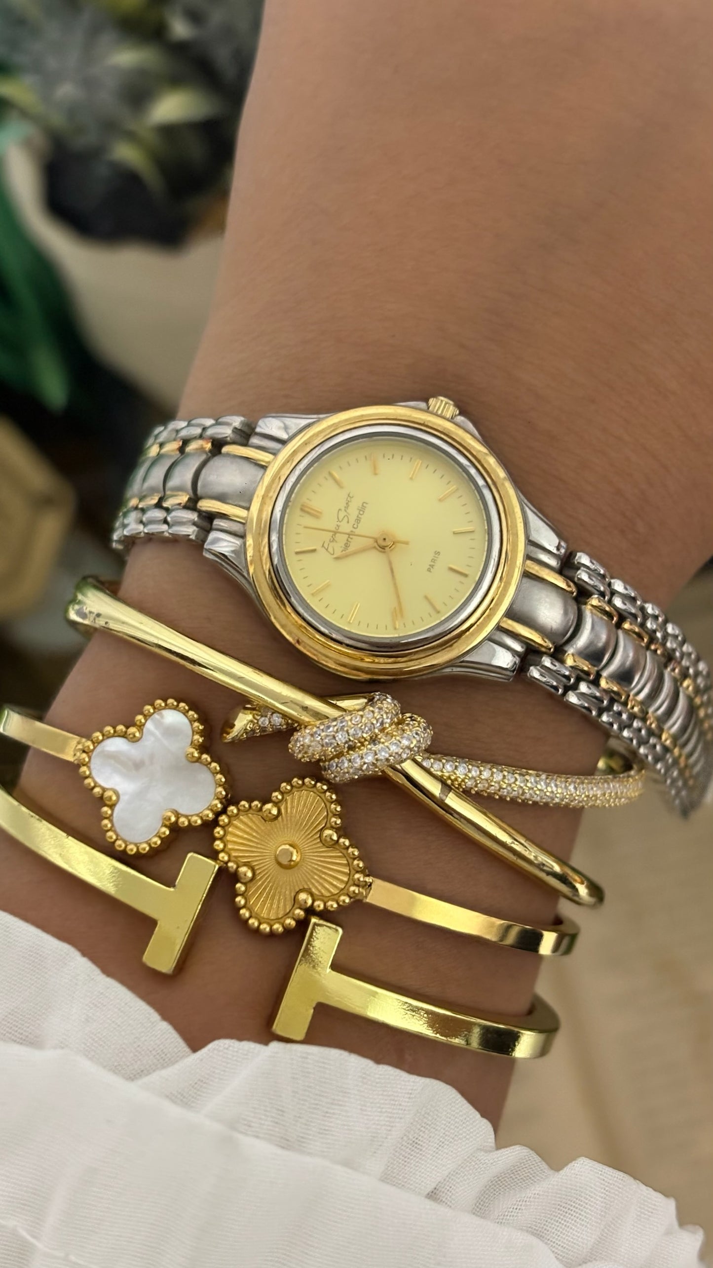 Vintage Espace Sport by Pierre Cardin Round Dress Watch with Two-Tone Multi-Row Textured Link Bracelet in Gold and Silver Tone Champagne Dial Quartz