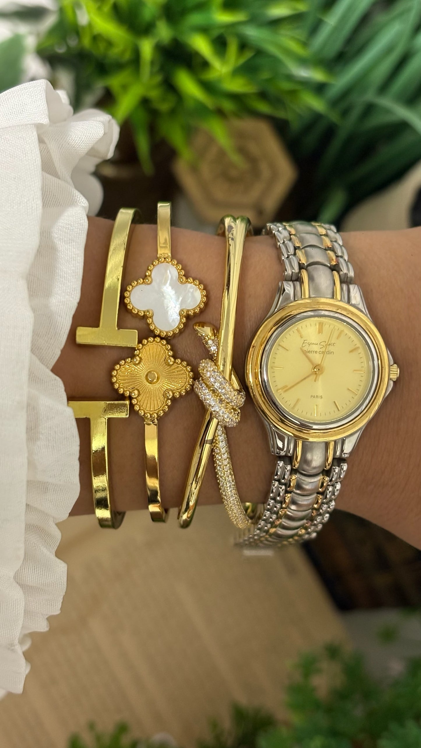 Vintage Espace Sport by Pierre Cardin Round Dress Watch with Two-Tone Multi-Row Textured Link Bracelet in Gold and Silver Tone Champagne Dial Quartz
