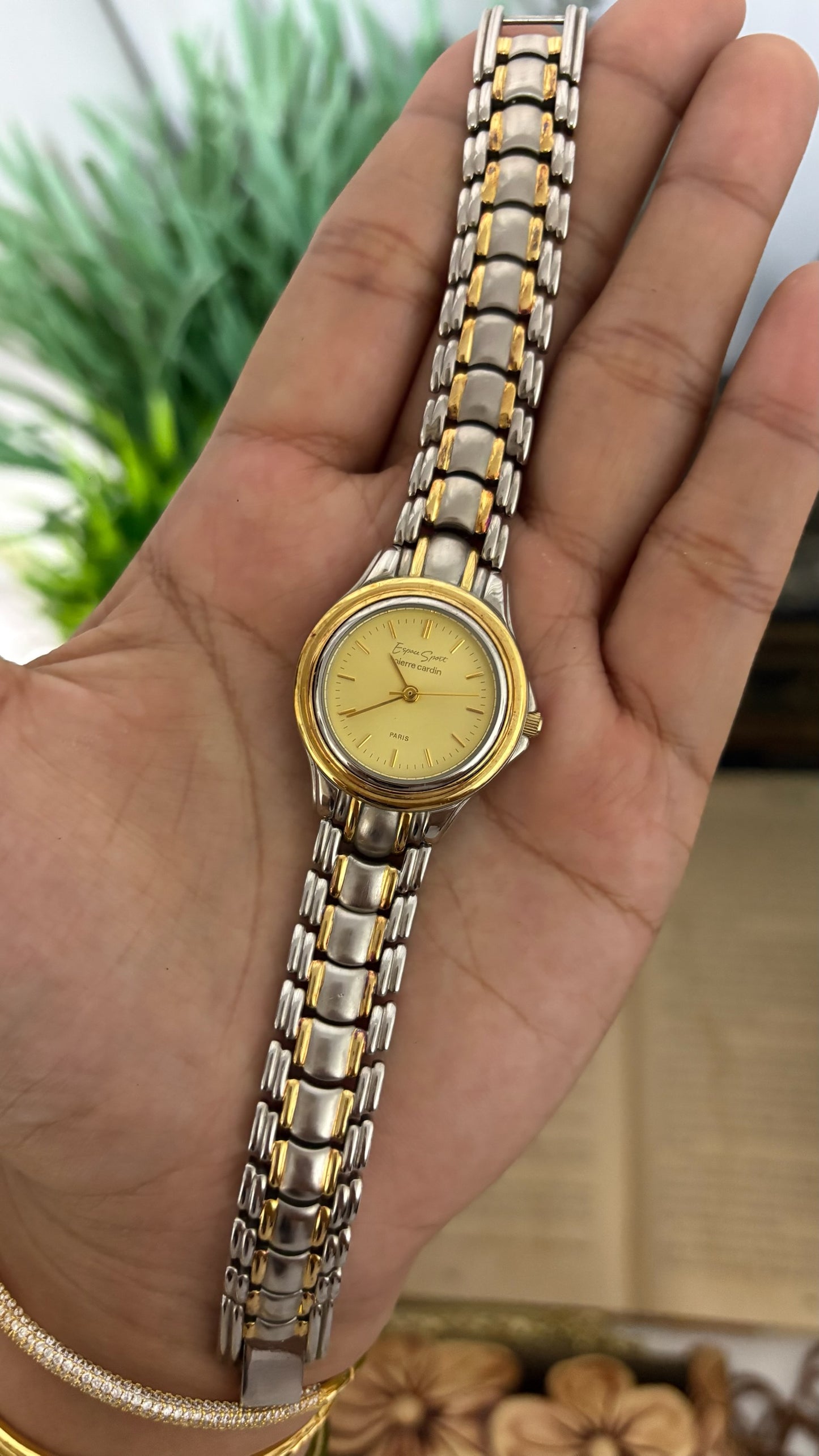 Vintage Espace Sport by Pierre Cardin Round Dress Watch with Two-Tone Multi-Row Textured Link Bracelet in Gold and Silver Tone Champagne Dial Quartz