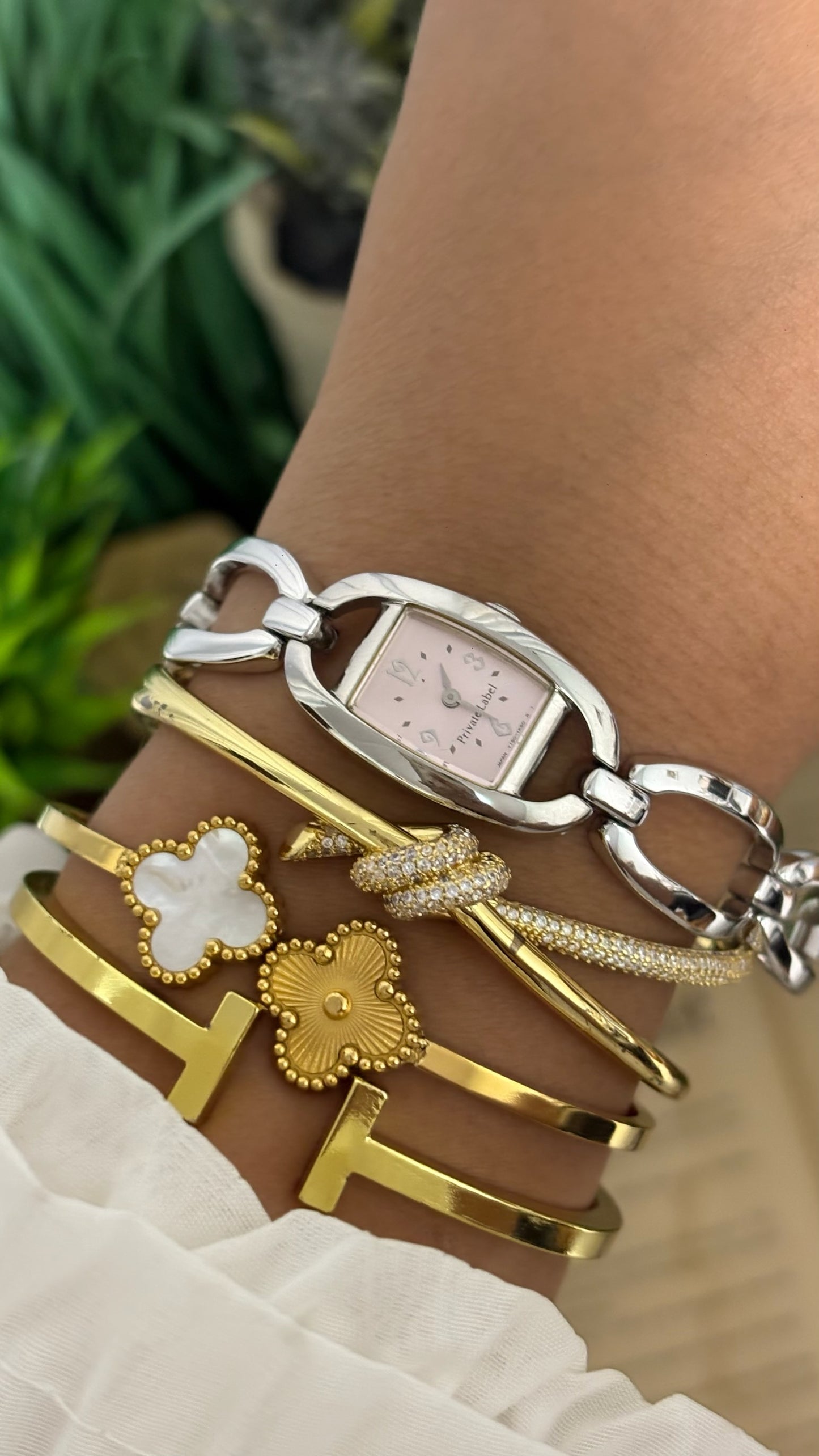 Vintage Private Label Tonneau Watch with Open Oval Chain Links in Silver Tone Pink Guilloche Dial Quartz
