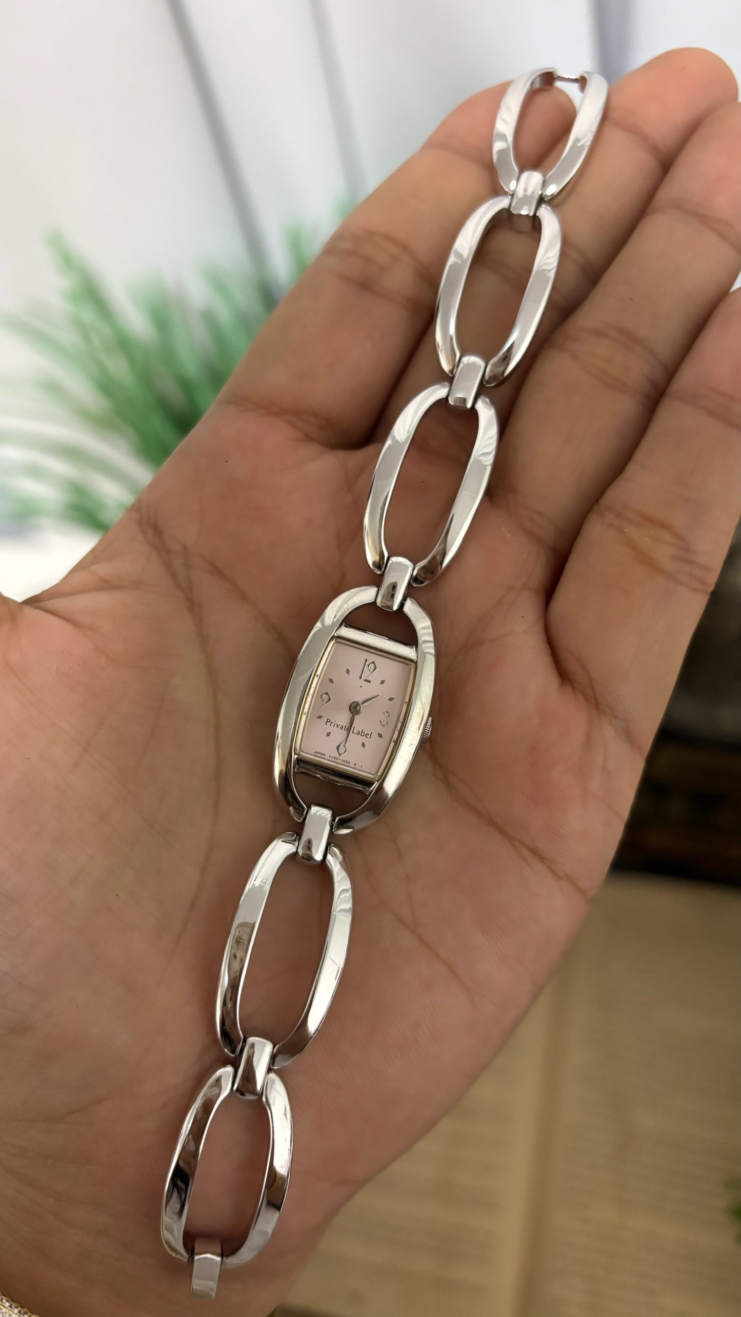 Vintage Private Label Tonneau Watch with Open Oval Chain Links in Silver Tone Pink Guilloche Dial Quartz
