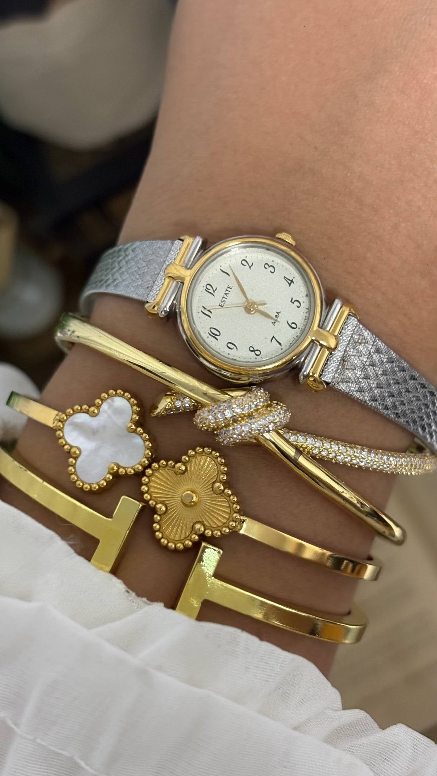 Vintage Alba Estate Round Petite Dress Watch with Two-Tone Accents and Silver Textured Mesh Band in Champagne Dial Quartz