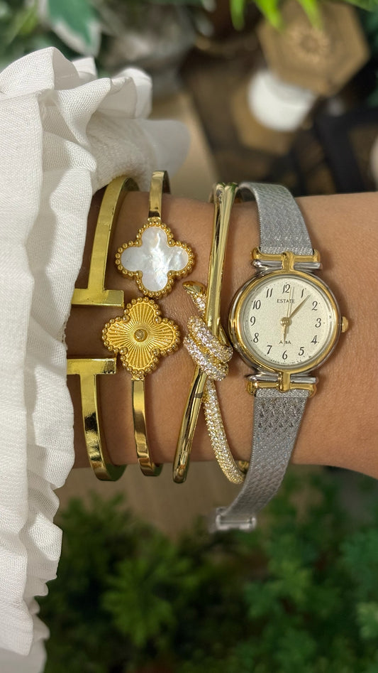 Vintage Alba Estate Round Petite Dress Watch with Two-Tone Accents and Silver Textured Mesh Band in Champagne Dial Quartz