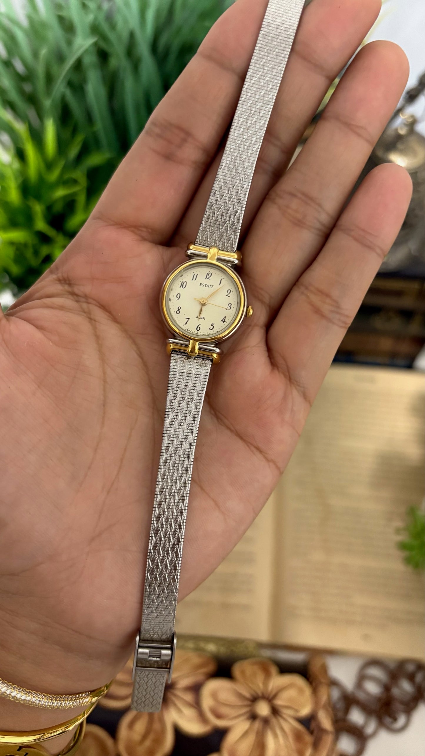 Vintage Alba Estate Round Petite Dress Watch with Two-Tone Accents and Silver Textured Mesh Band in Champagne Dial Quartz