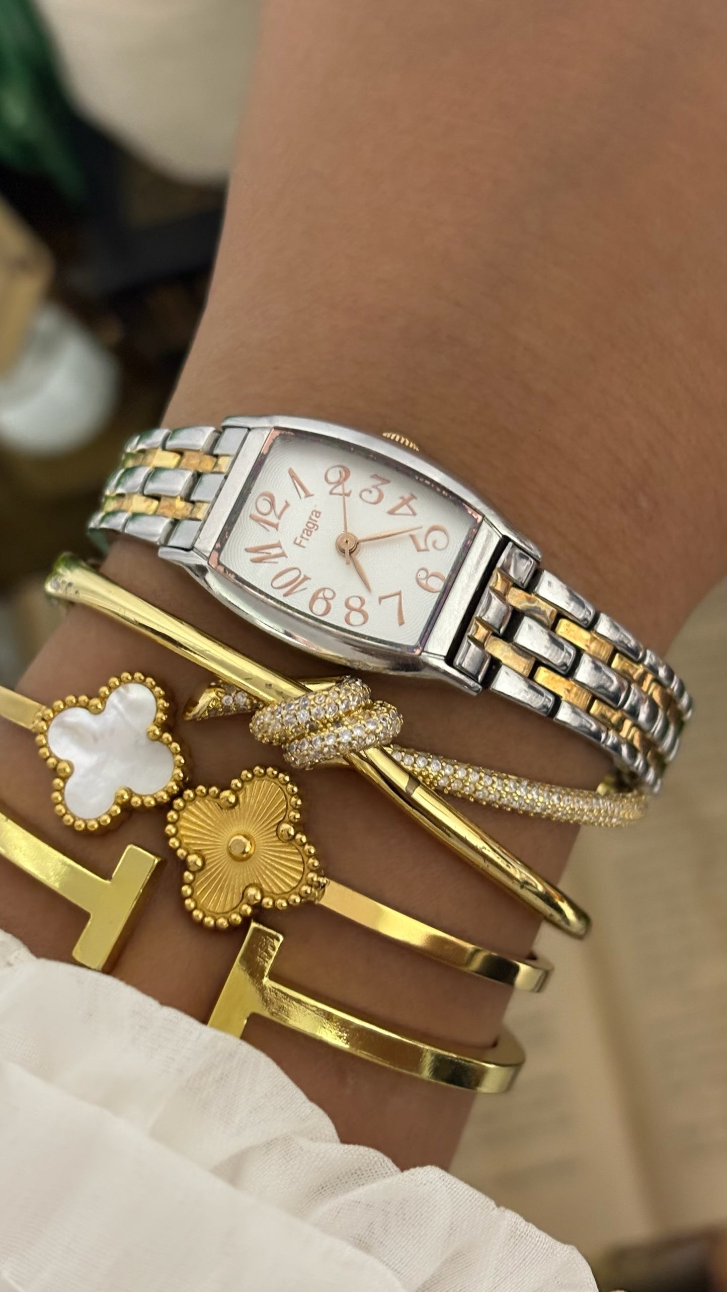 Vintage Fragra Tonneau Watch with Two-Tone Link Bracelet in Silver and Gold Tone White Dial Quartz