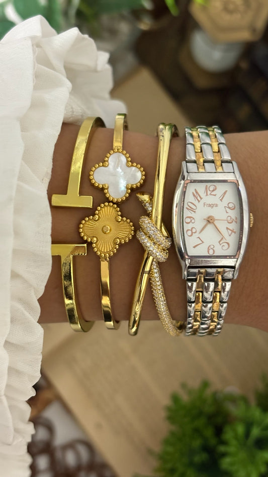 Vintage Fragra Tonneau Watch with Two-Tone Link Bracelet in Silver and Gold Tone White Dial Quartz