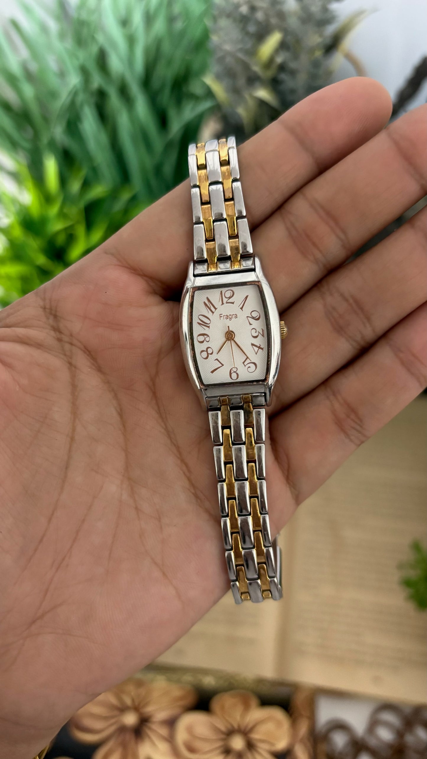 Vintage Fragra Tonneau Watch with Two-Tone Link Bracelet in Silver and Gold Tone White Dial Quartz