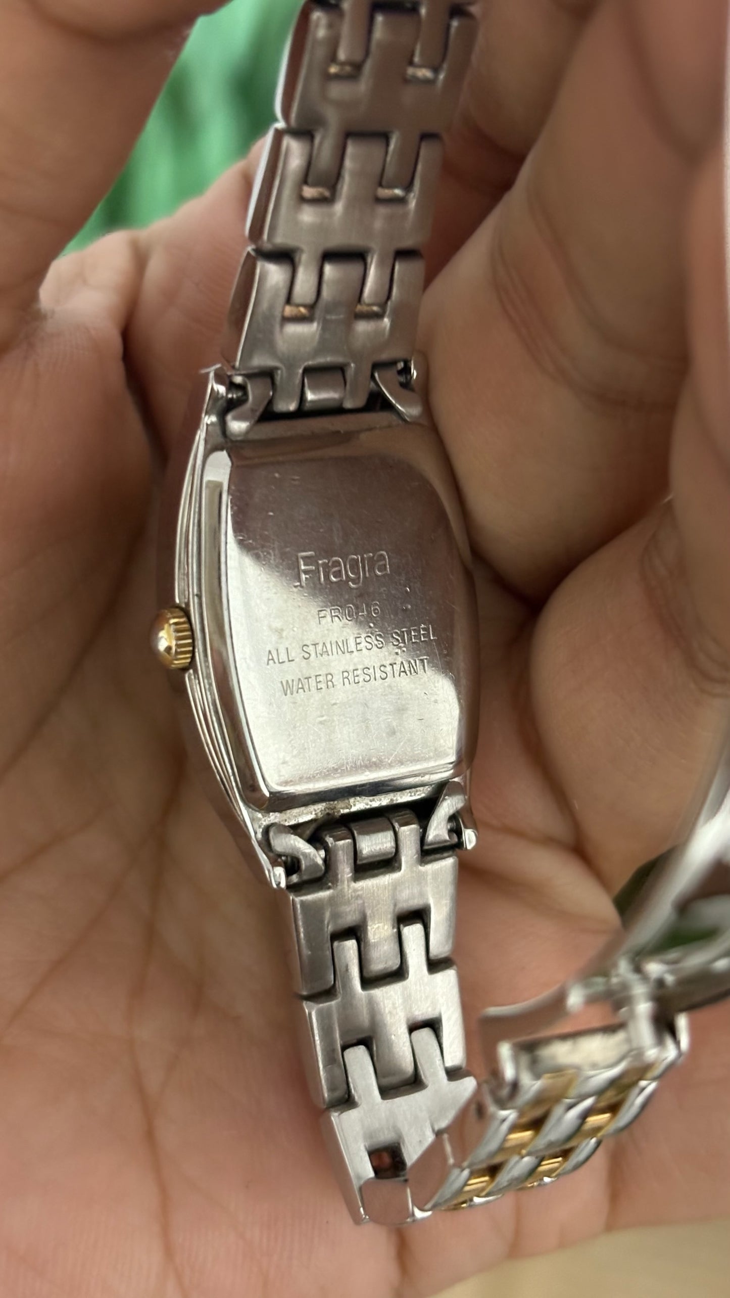 Vintage Fragra Tonneau Watch with Two-Tone Link Bracelet in Silver and Gold Tone White Dial Quartz