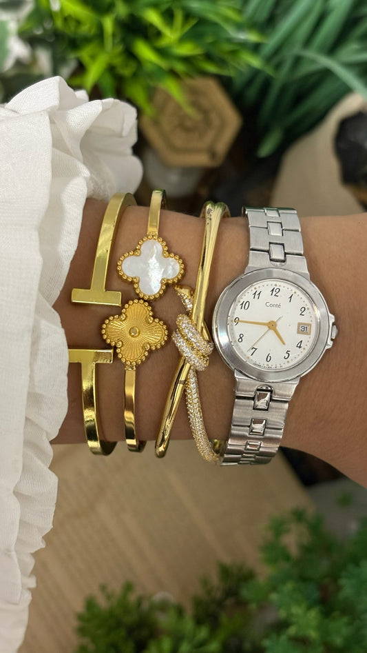 Vintage Conte Date Window Round Dress Watch in Two-Tone Interlocking Link Bracelet White Dial Quartz