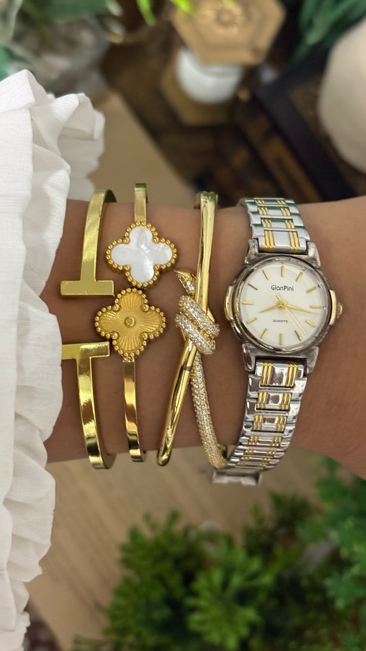 Vintage GianPini Round Classic Dress Watch with Two-Tone Multi-Row Link Bracelet White Dial Quartz