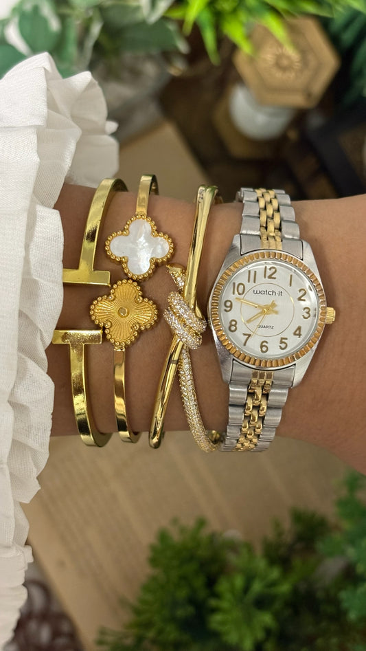 Vintage Watch-it by M.Z. Berger Petite Classic Dress Watch with Fluted Bezel and Two-Tone Jubilee Link White Dial Quartz