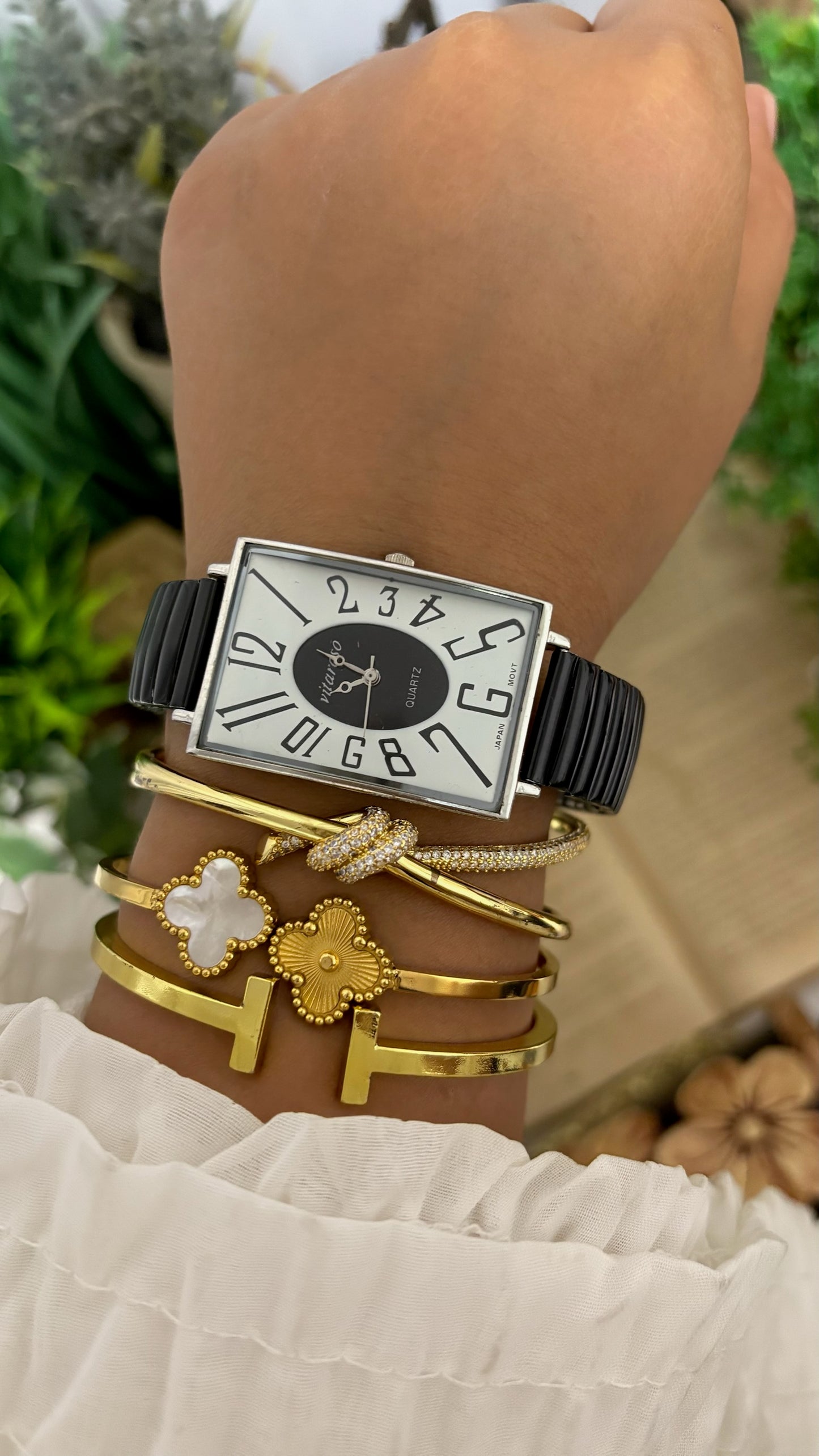 Vintage Vitaroso Oversized Rectangular Tank Watch with Exploding Numerals and Black Ribbed Stretch Band in Silver Tone Two-Tone Dial Quartz