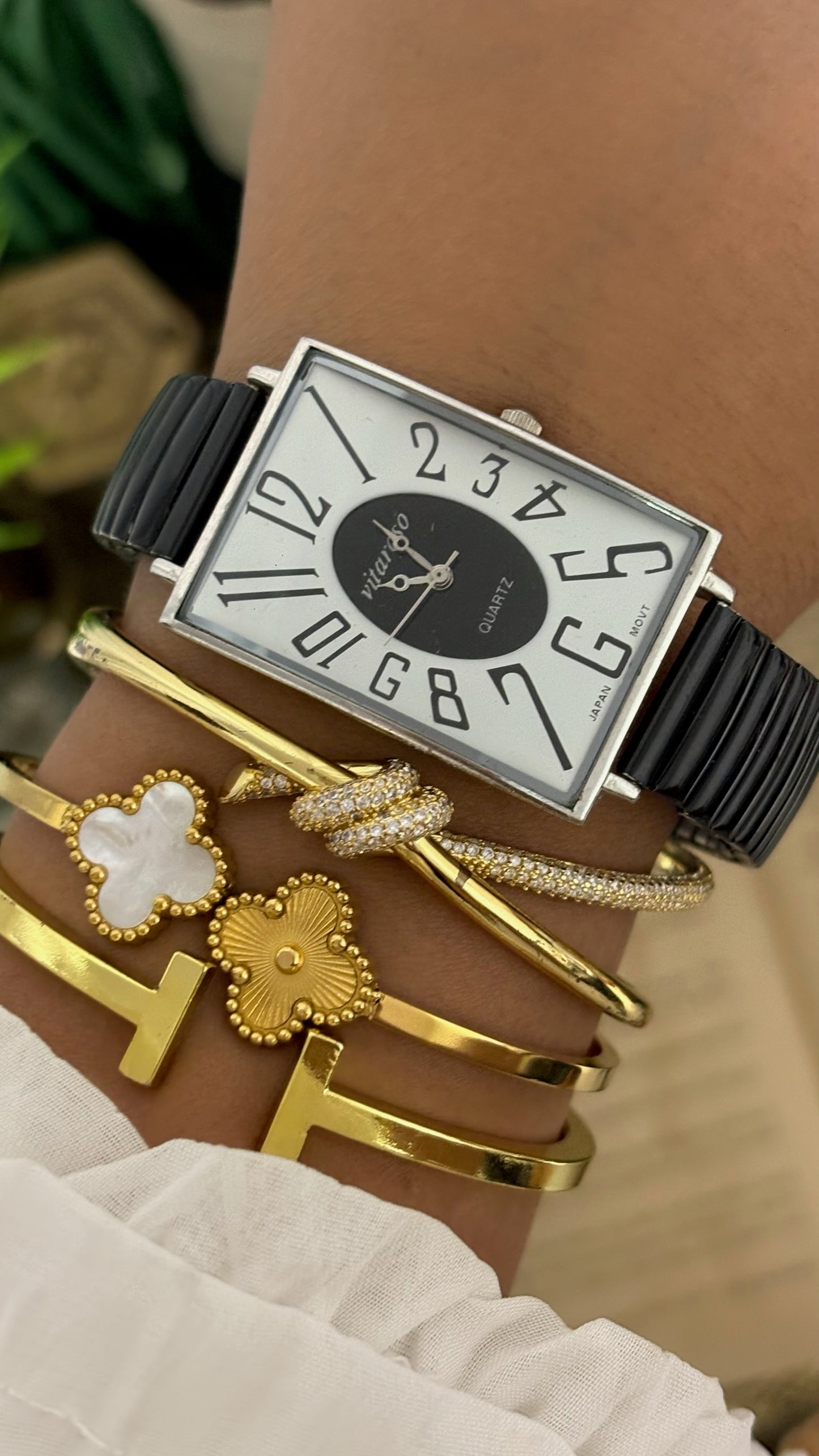 Vintage Vitaroso Oversized Rectangular Tank Watch with Exploding Numerals and Black Ribbed Stretch Band in Silver Tone Two-Tone Dial Quartz