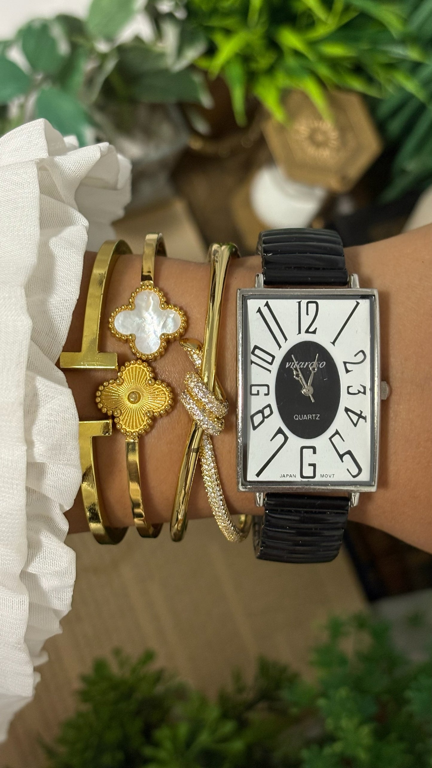 Vintage Vitaroso Oversized Rectangular Tank Watch with Exploding Numerals and Black Ribbed Stretch Band in Silver Tone Two-Tone Dial Quartz