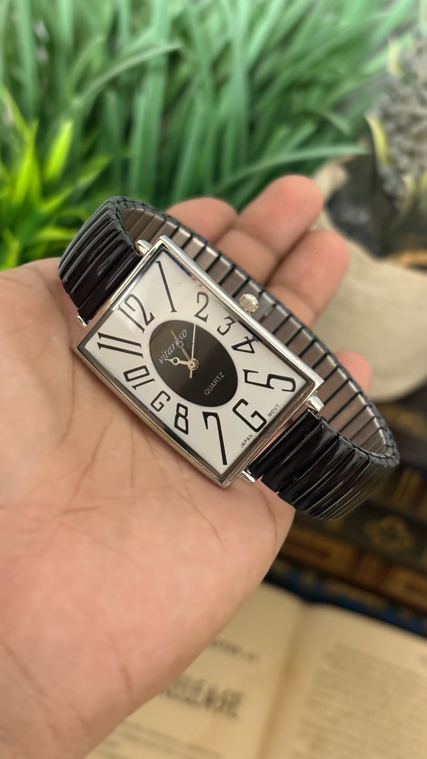Vintage Vitaroso Oversized Rectangular Tank Watch with Exploding Numerals and Black Ribbed Stretch Band in Silver Tone Two-Tone Dial Quartz