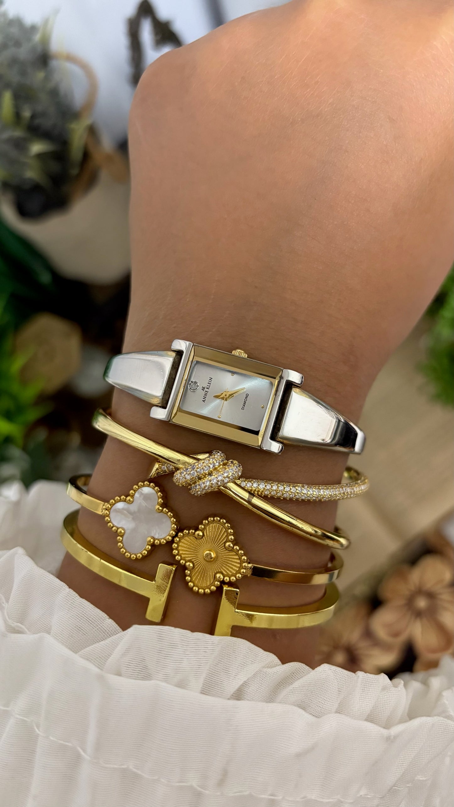 Vintage Anne Klein Petite Rectangular Tank Watch with Diamond Accent and Polished Bangle-Style Bracelet in Two-Tone Silver and Gold White Dial Quartz