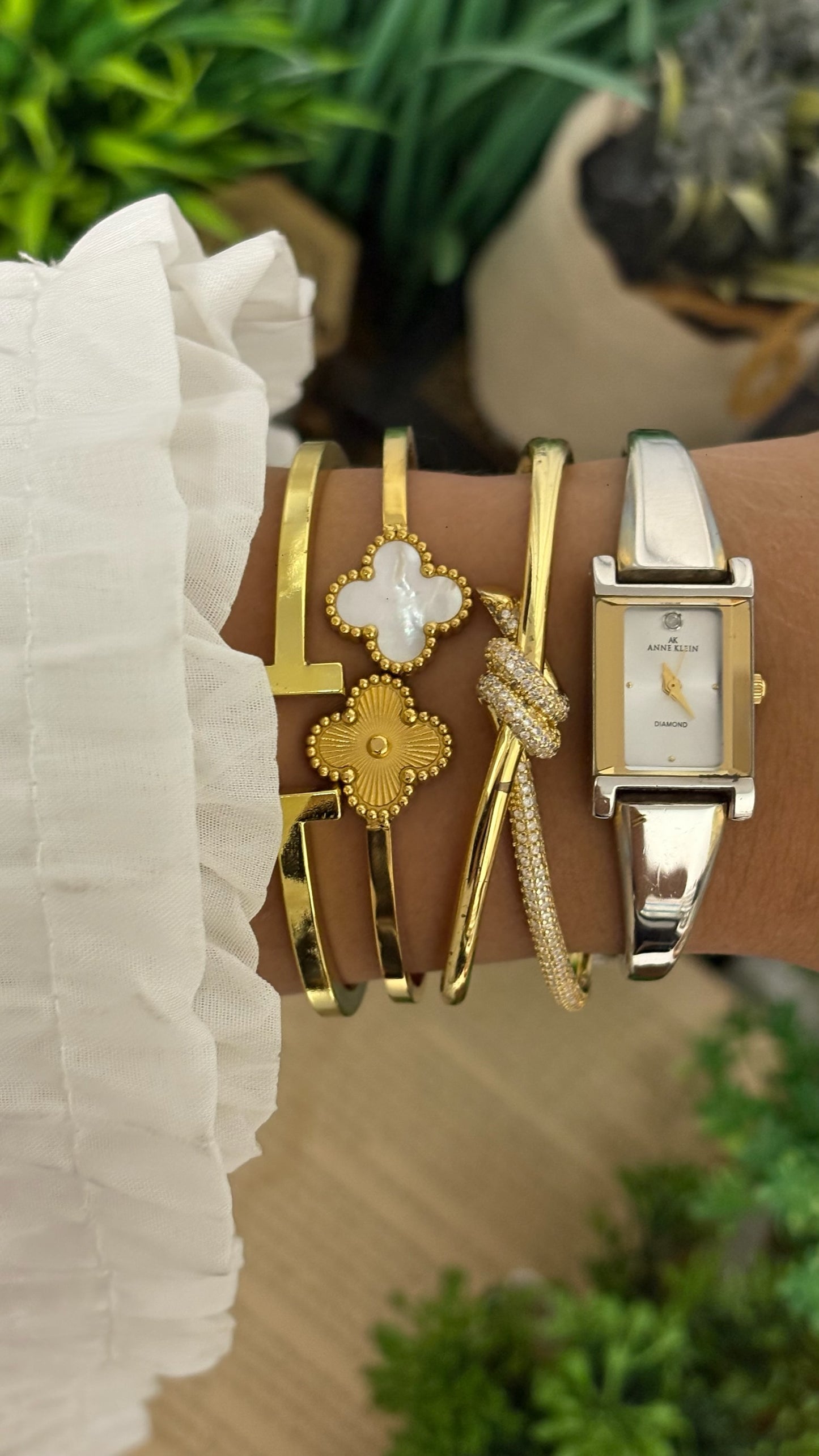 Vintage Anne Klein Petite Rectangular Tank Watch with Diamond Accent and Polished Bangle-Style Bracelet in Two-Tone Silver and Gold White Dial Quartz