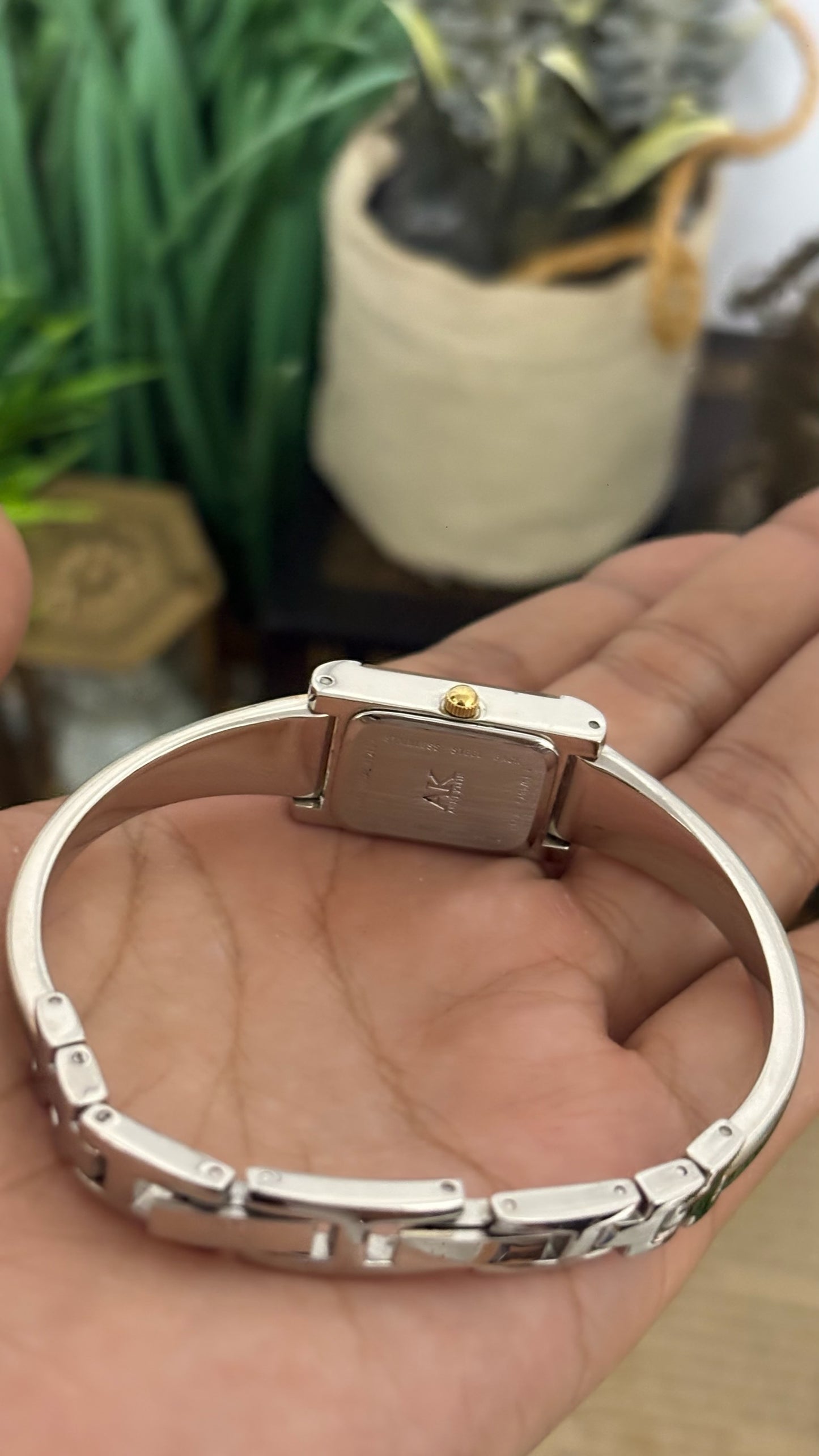Vintage Anne Klein Petite Rectangular Tank Watch with Diamond Accent and Polished Bangle-Style Bracelet in Two-Tone Silver and Gold White Dial Quartz