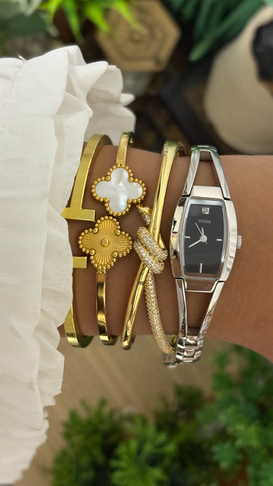Vintage Guess Petite Tonneau Watch with Diamond Accent and Openwork Split-Rail Bangle Link Bracelet in Silver Tone Black Dial Quartz
