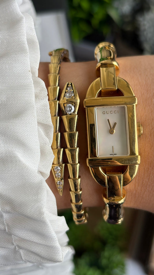 Extremely Rare Vintage Gucci 6800L Watch in Gold Tone Pearl Dial Bamboo Style Bangle with Original Gucci Box