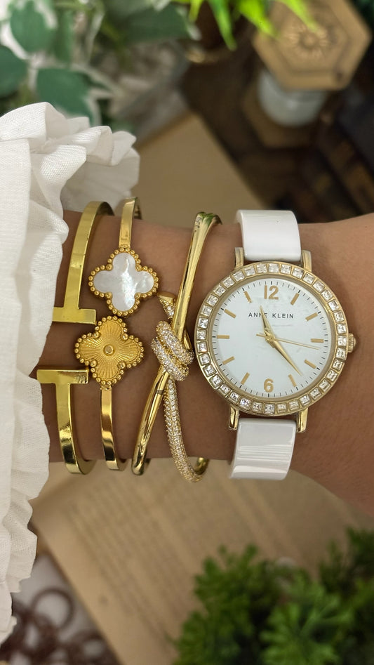 Vintage Anne Klein Round Dress Watch with Rhinestone Bezel and White Ceramic Panel Link Strap in Gold Tone White Dial Quartz
