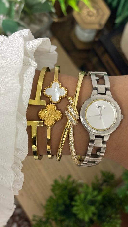 Vintage Guess Round Dress Watch with Thick Crystal-Set Bezel, Crystal Hour Markers, and White Ceramic Panel Link Bracelet in Gold Tone White Dial Quartz