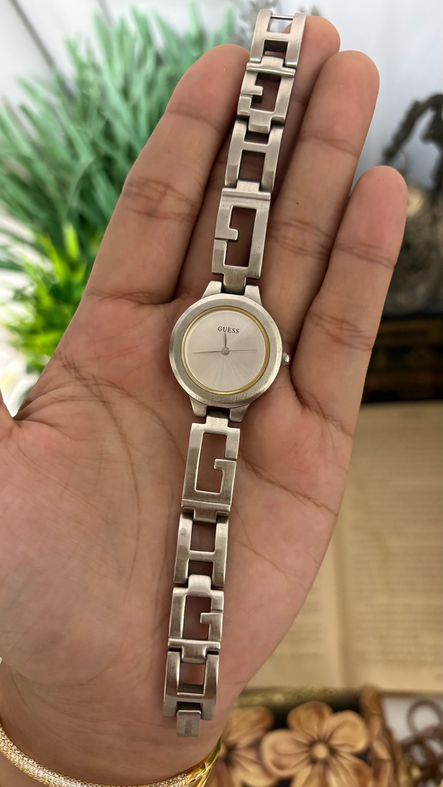 Vintage Guess Round Dress Watch with Thick Crystal-Set Bezel, Crystal Hour Markers, and White Ceramic Panel Link Bracelet in Gold Tone White Dial Quartz