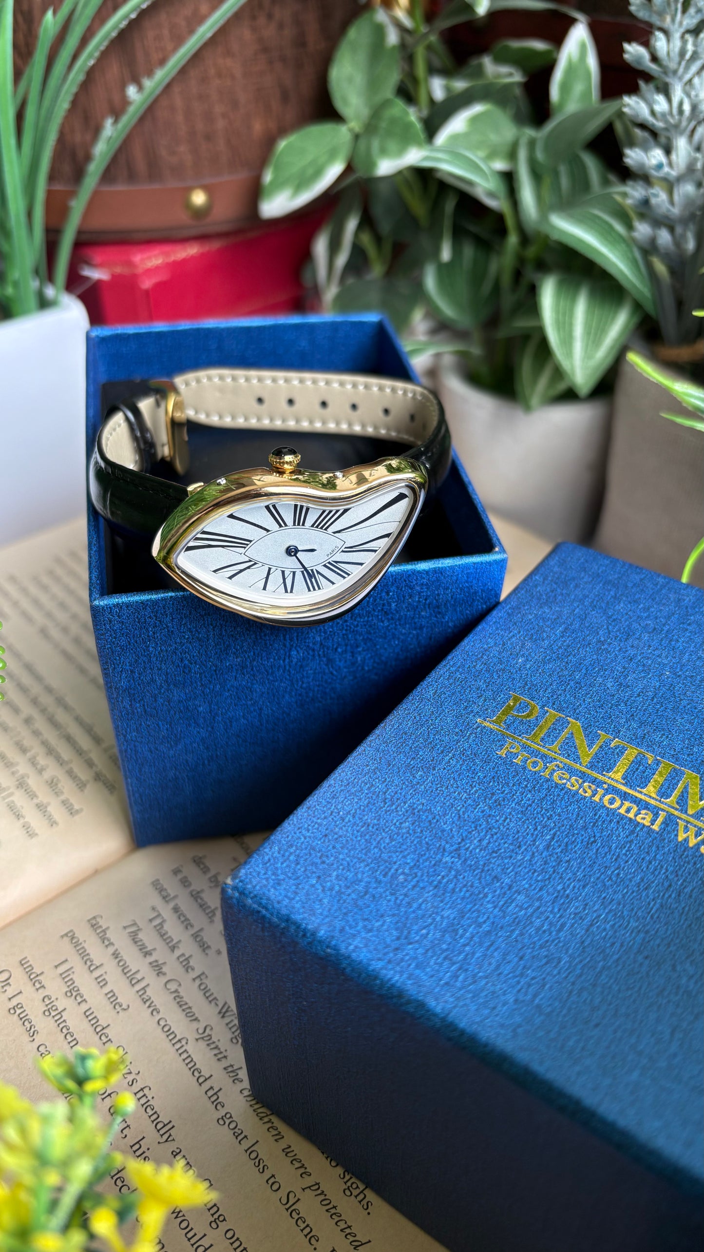 Vintage Pintime Paris Melted Watch in Black Leather Strap Roman Dial