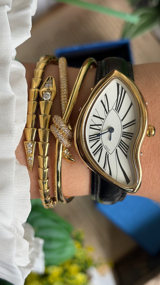 Vintage Pintime Paris Melted Watch in Black Leather Strap Roman Dial