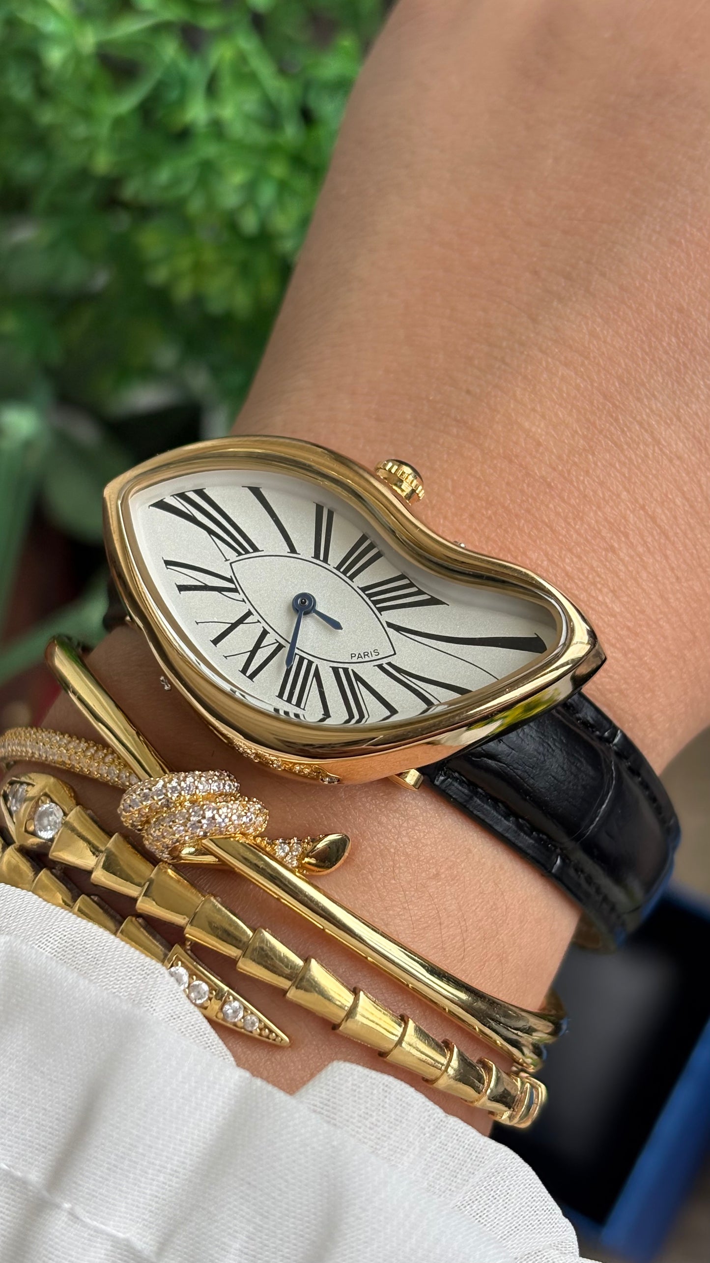 Vintage Pintime Paris Melted Watch in Black Leather Strap Roman Dial
