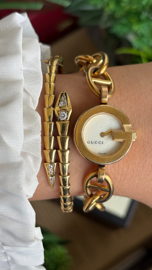 Vintage Gucci Charm Watch in Gold Tone Embossed Flower Dial with Gucci Box