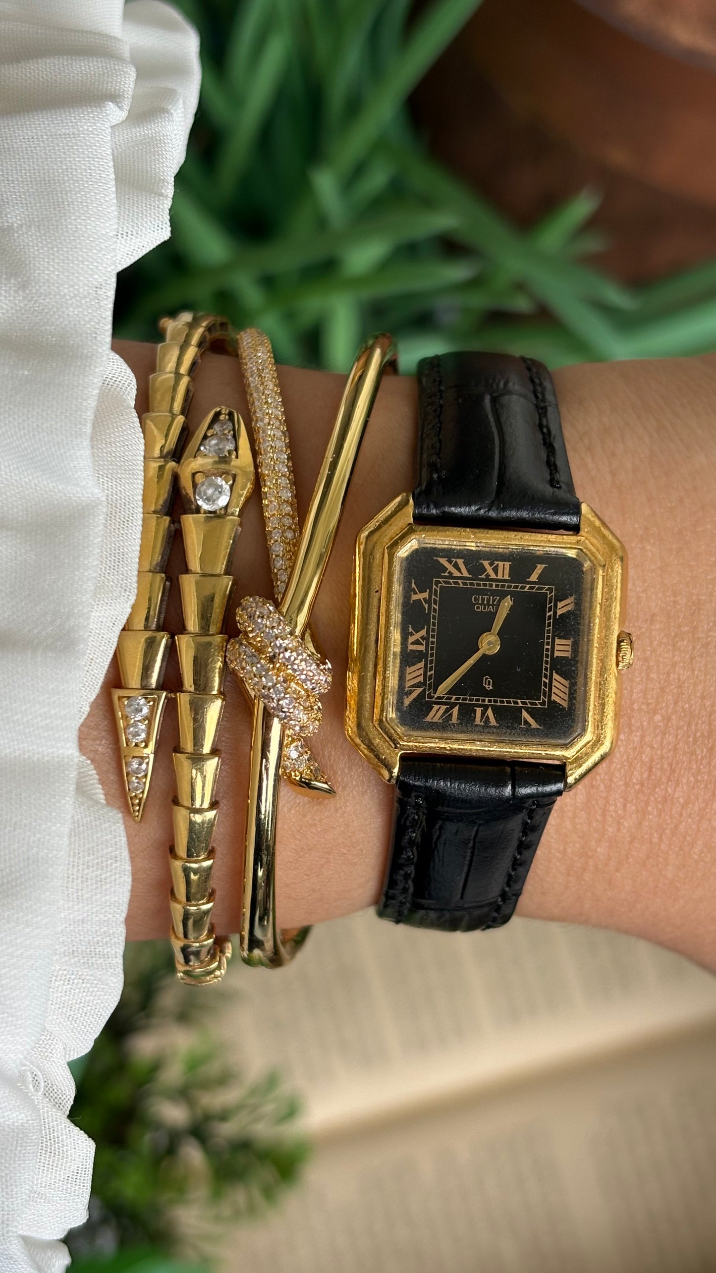 Vintage Citizen Watch in Black Leather Strap Roman Black Dial Rare Cartier Style