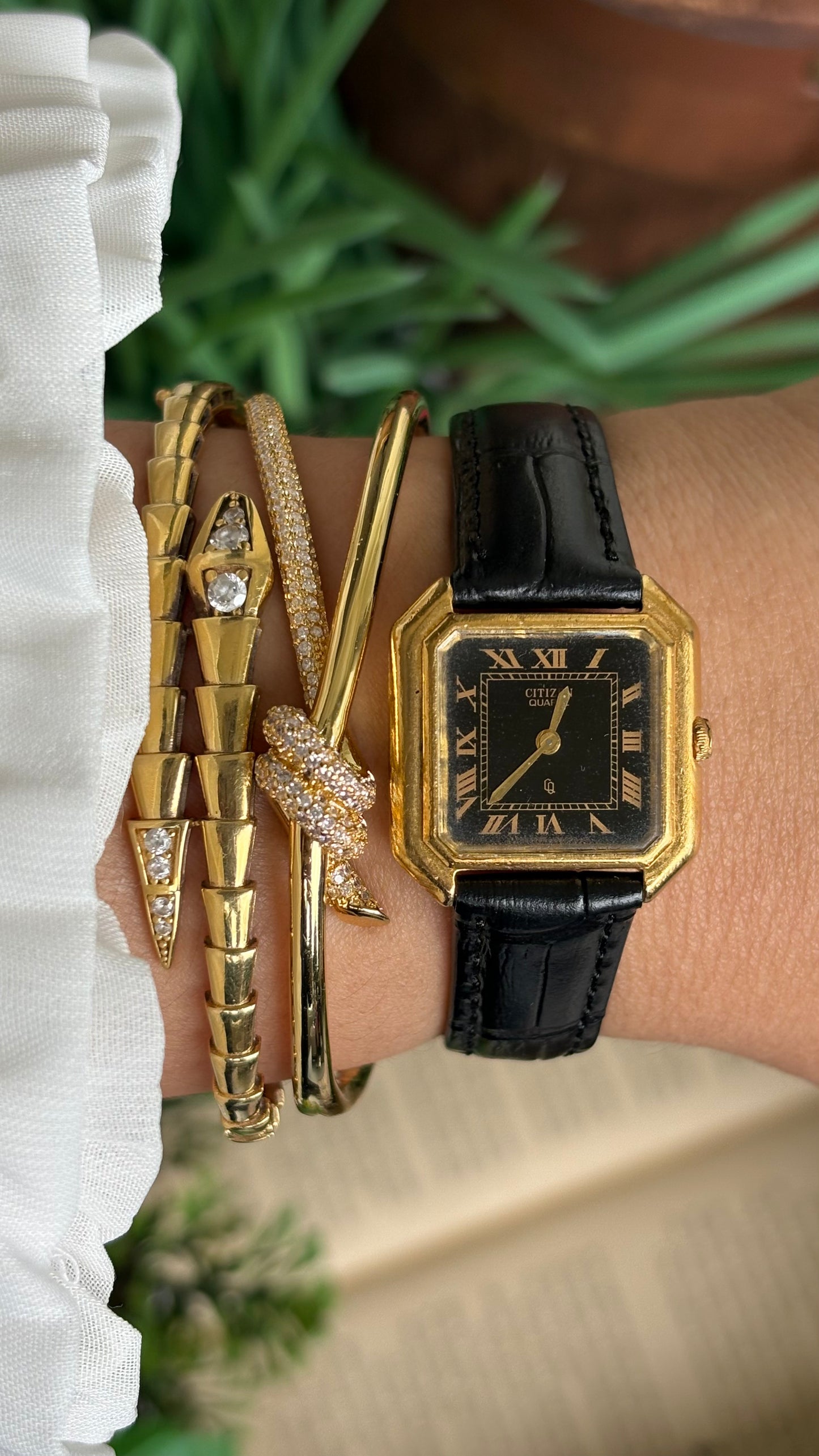 Vintage Citizen Watch in Black Leather Strap Roman Black Dial Rare Cartier Style