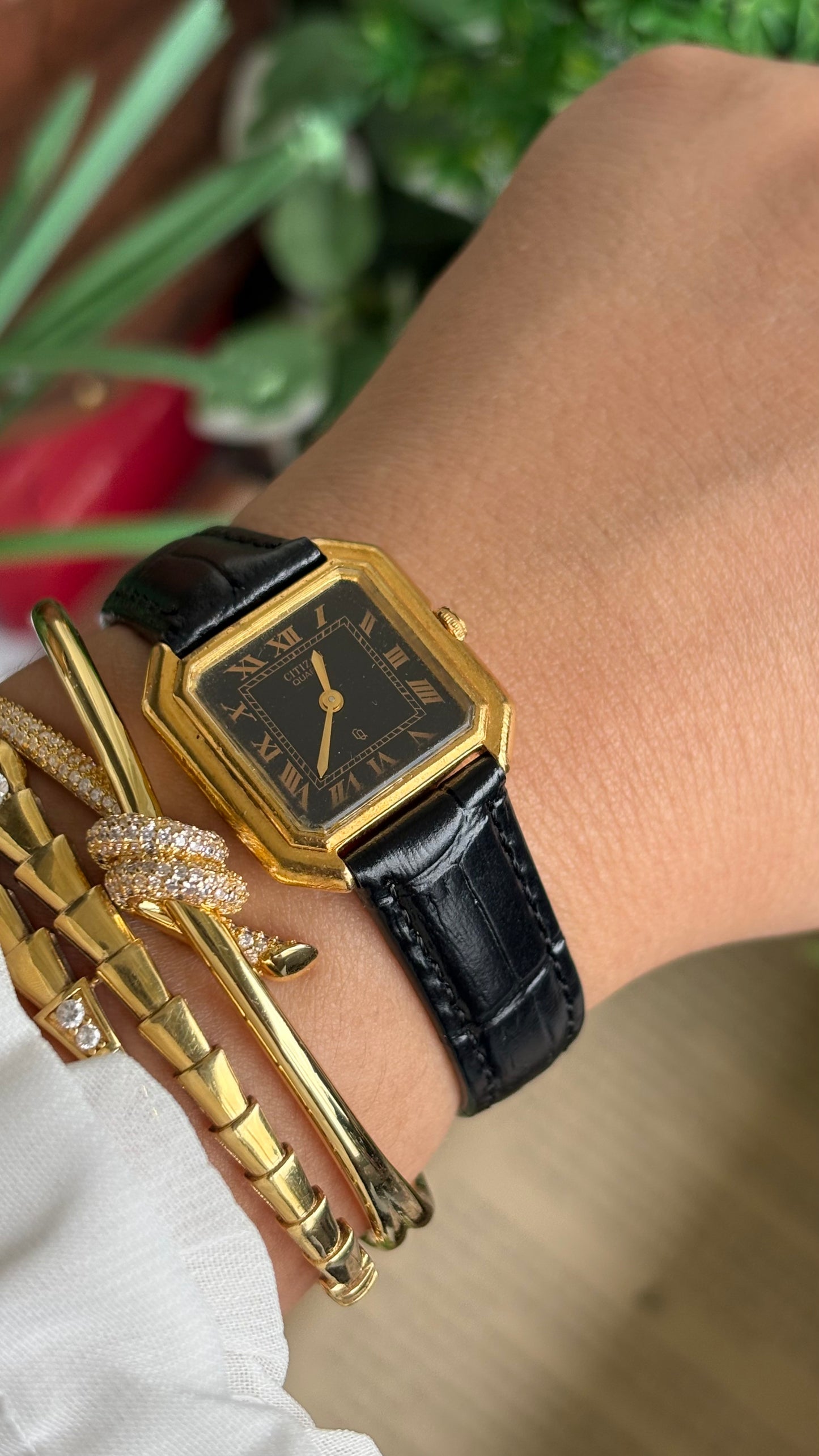 Vintage Citizen Watch in Black Leather Strap Roman Black Dial Rare Cartier Style
