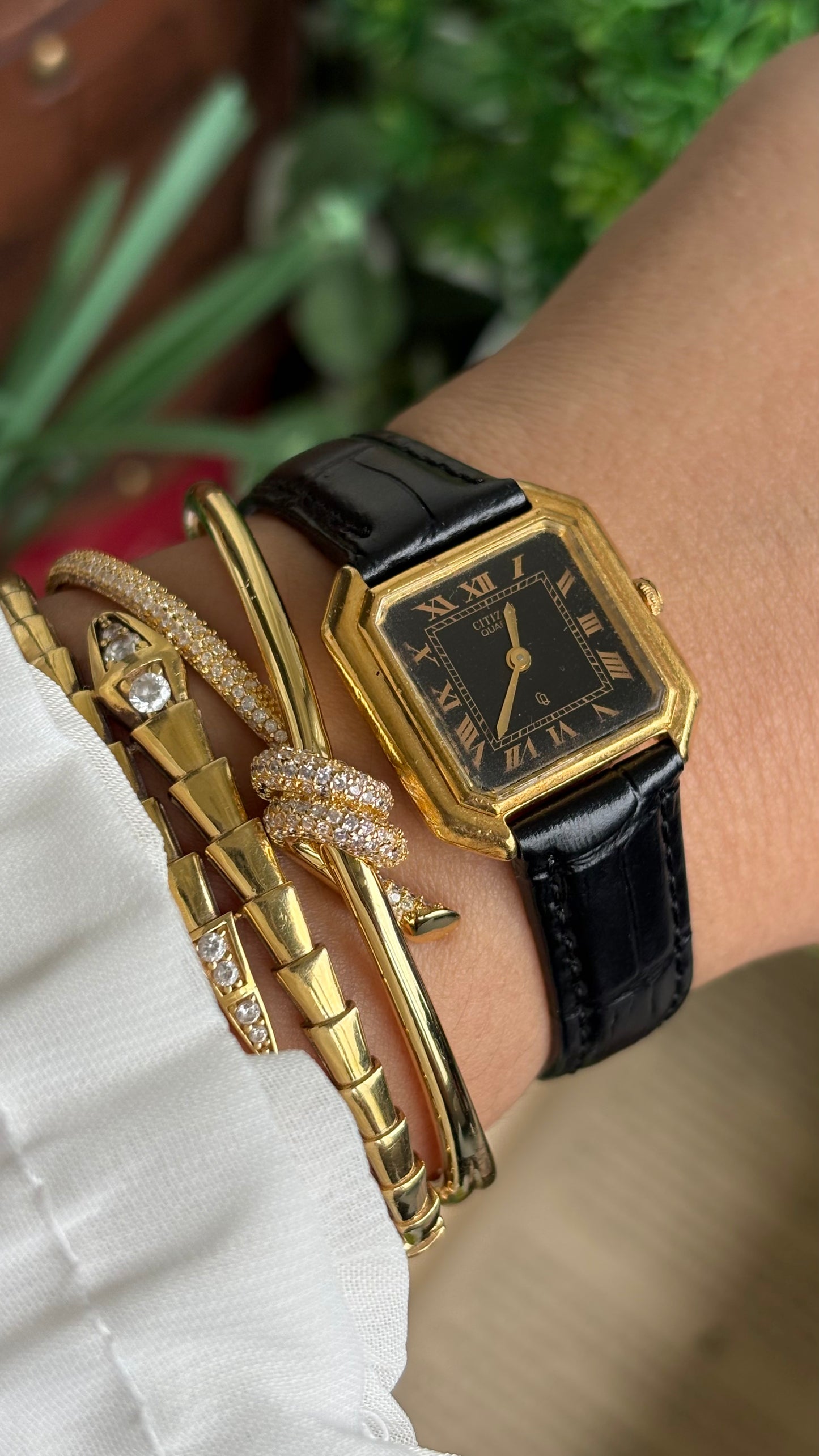 Vintage Citizen Watch in Black Leather Strap Roman Black Dial Rare Cartier Style