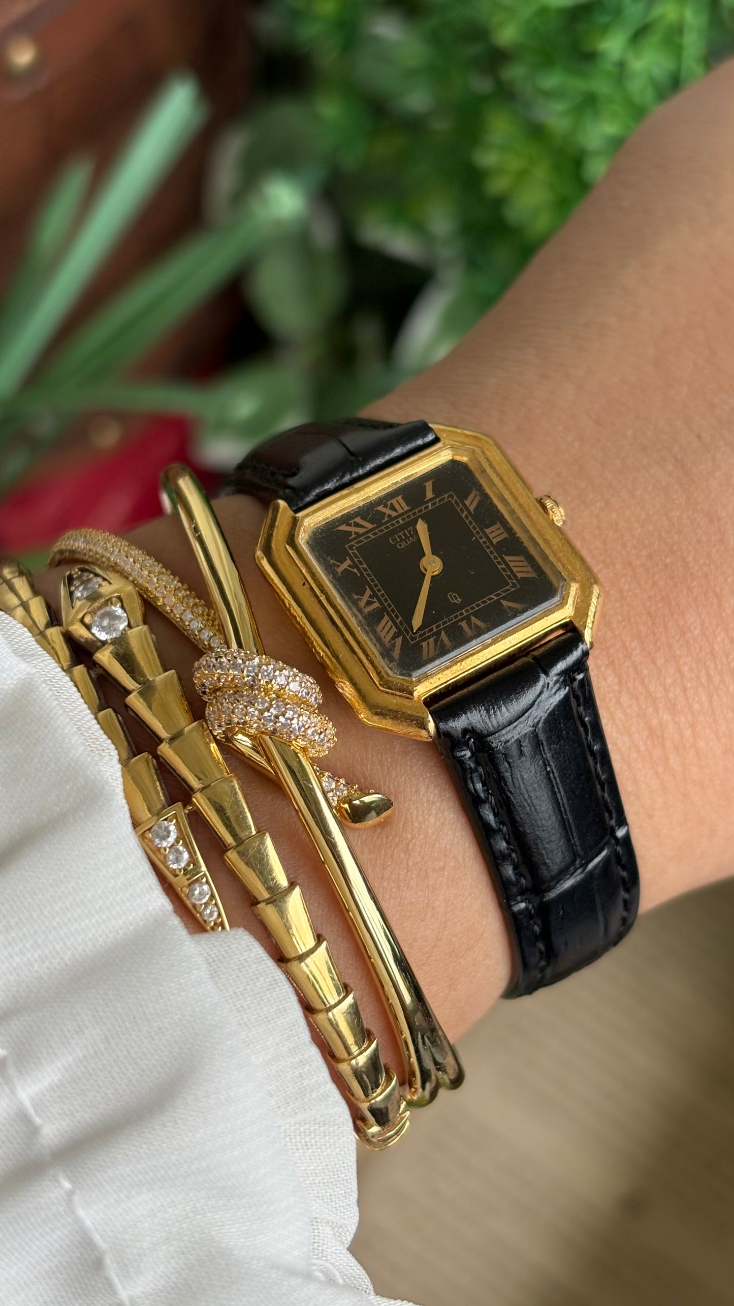 Vintage Citizen Watch in Black Leather Strap Roman Black Dial Rare Cartier Style