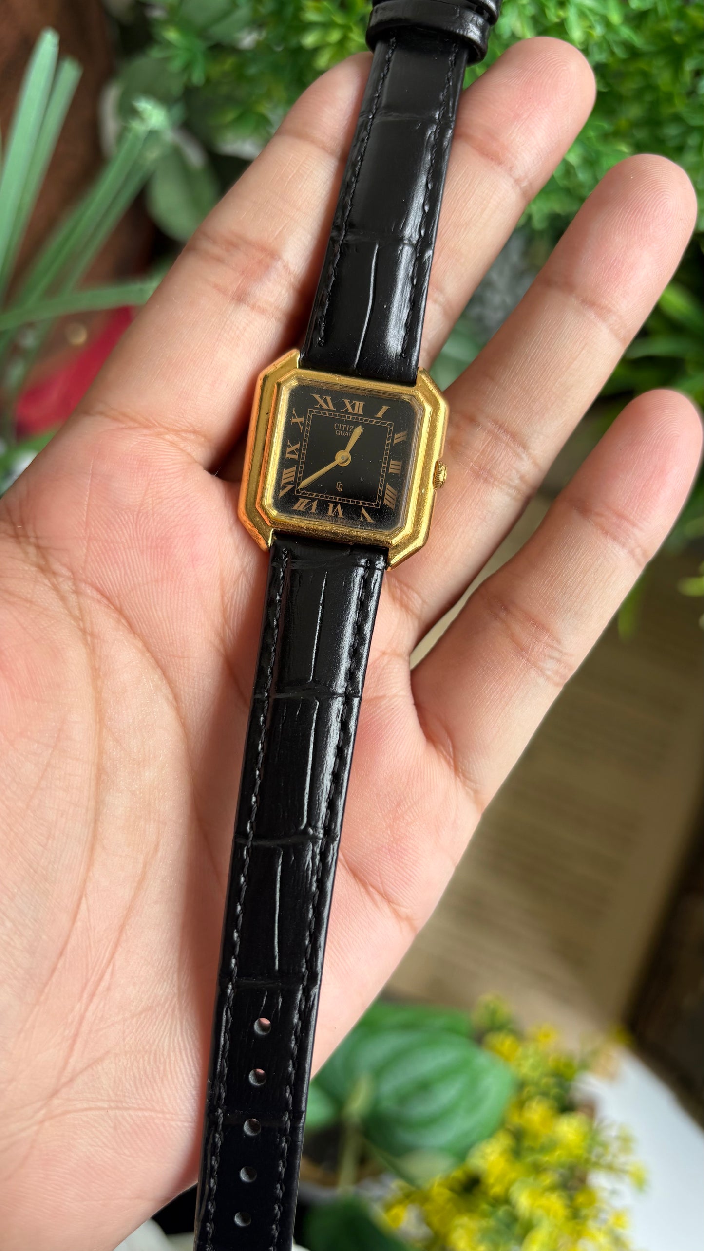 Vintage Citizen Watch in Black Leather Strap Roman Black Dial Rare Cartier Style
