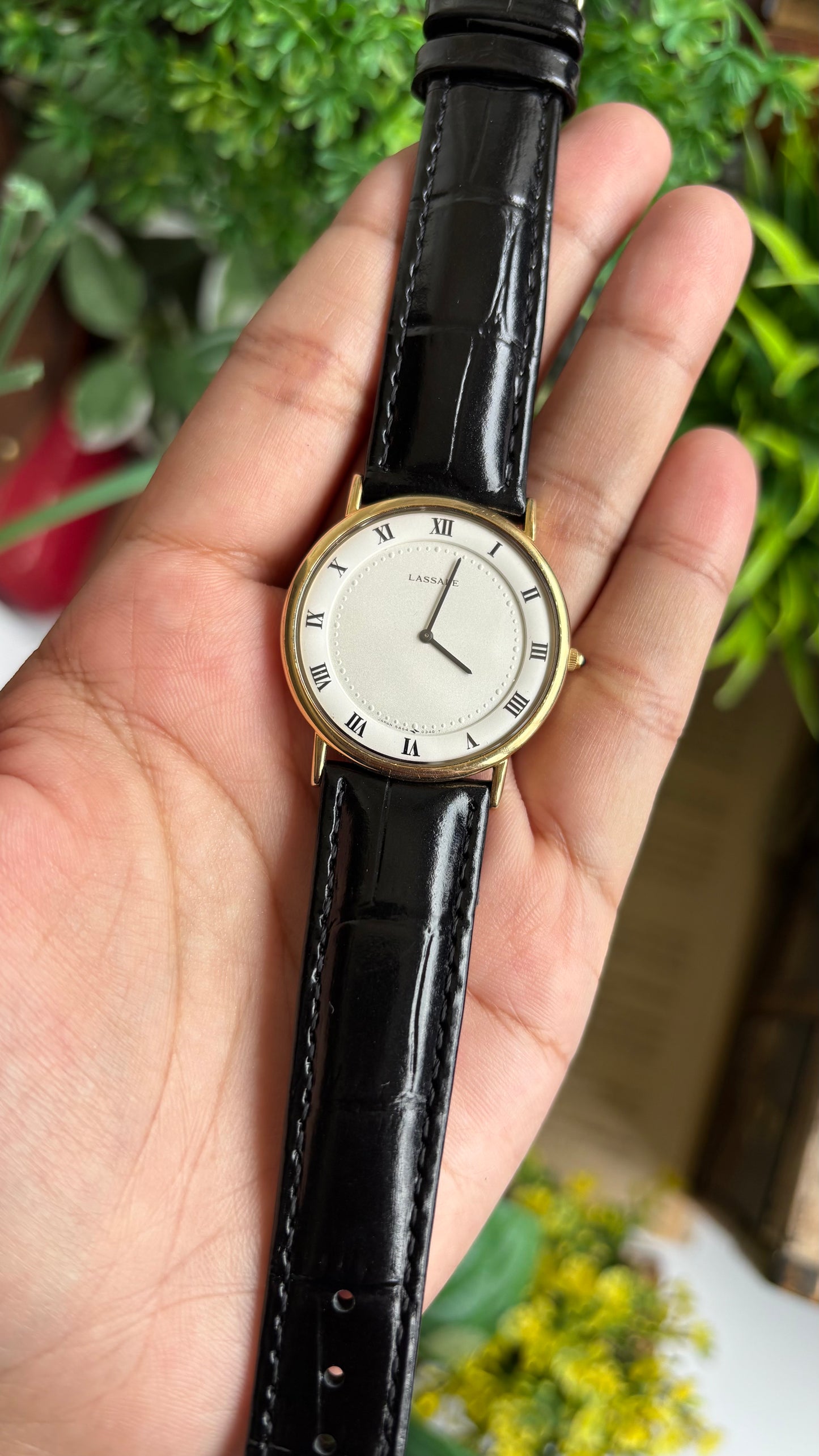 Vintage Seiko Lassale Men’s Dress Watch in Black Leather Strap Luxurious Roman Dial