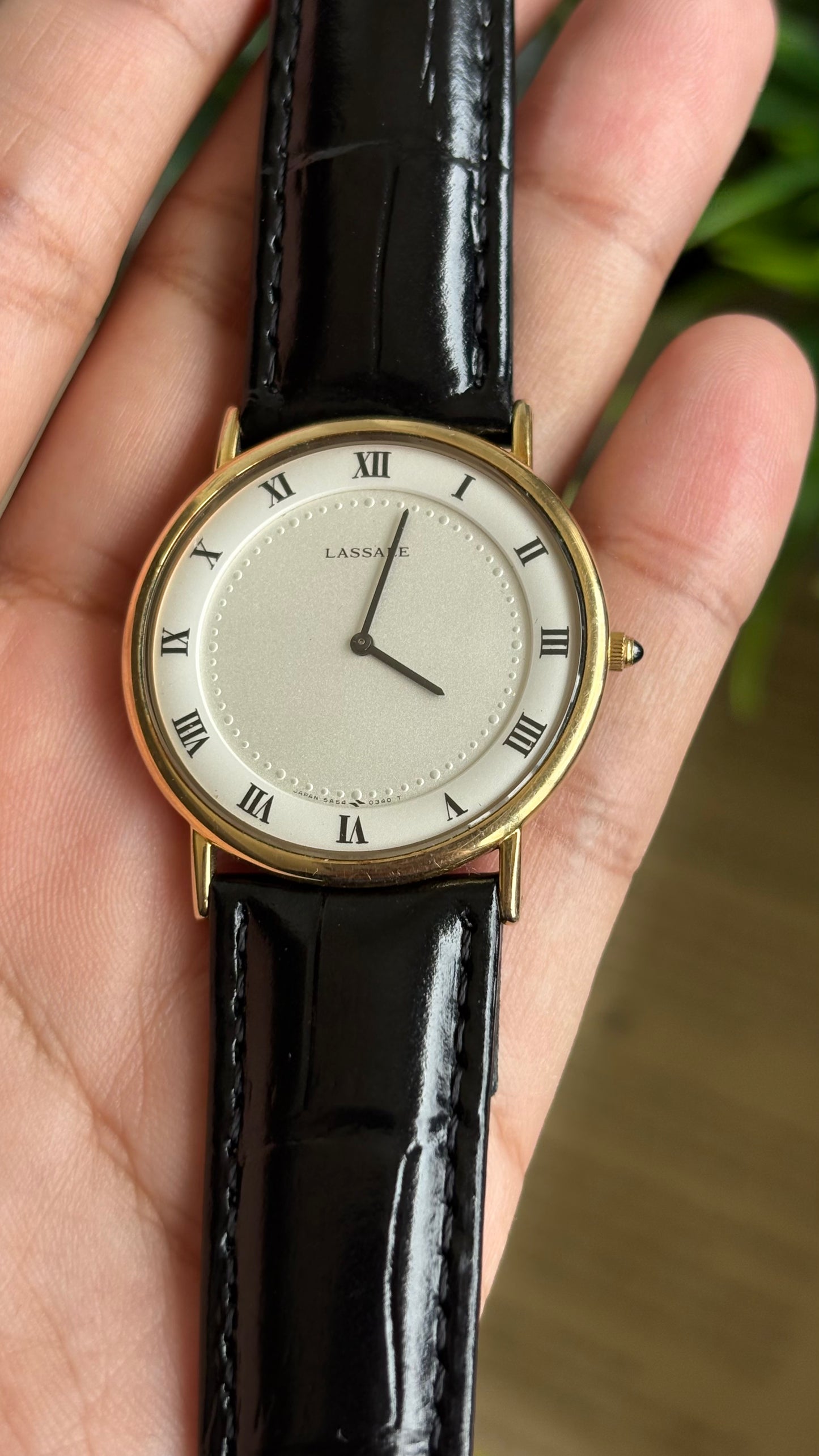 Vintage Seiko Lassale Men’s Dress Watch in Black Leather Strap Luxurious Roman Dial