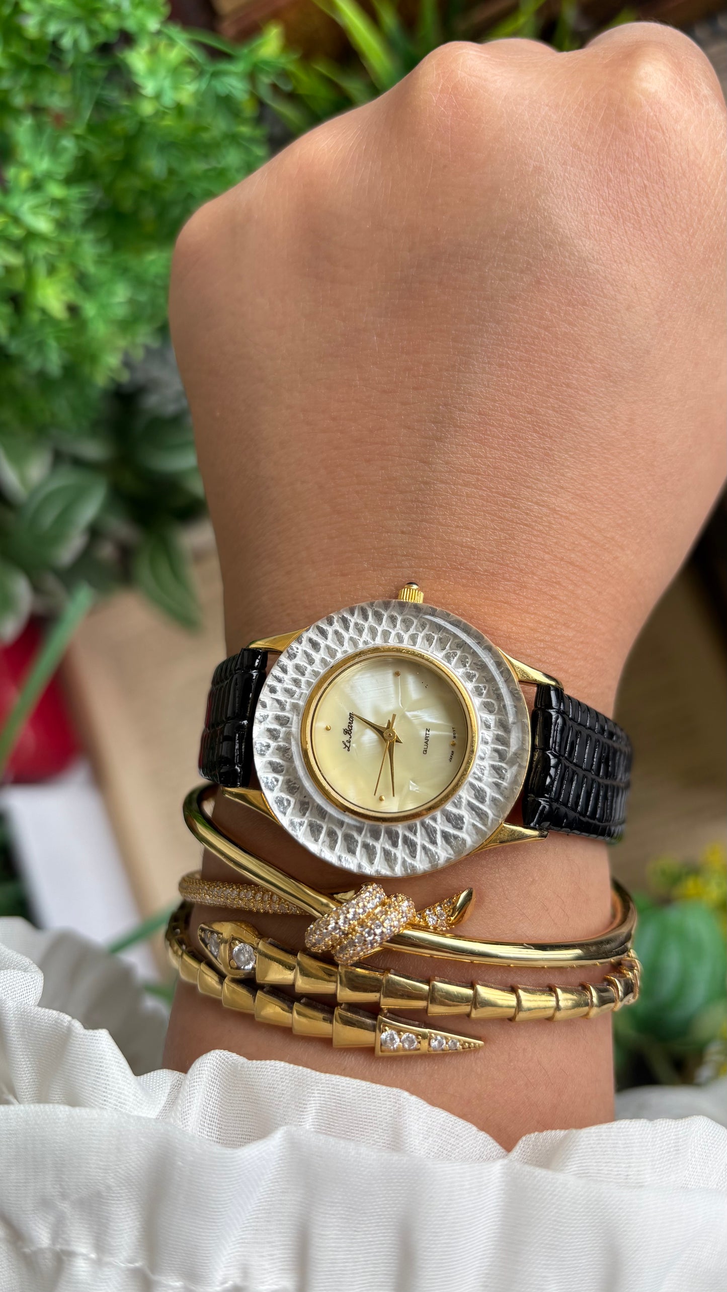 Vintage Le Baron Watch in Black Leather Strap Pearl Dial Snake Style Bezel
