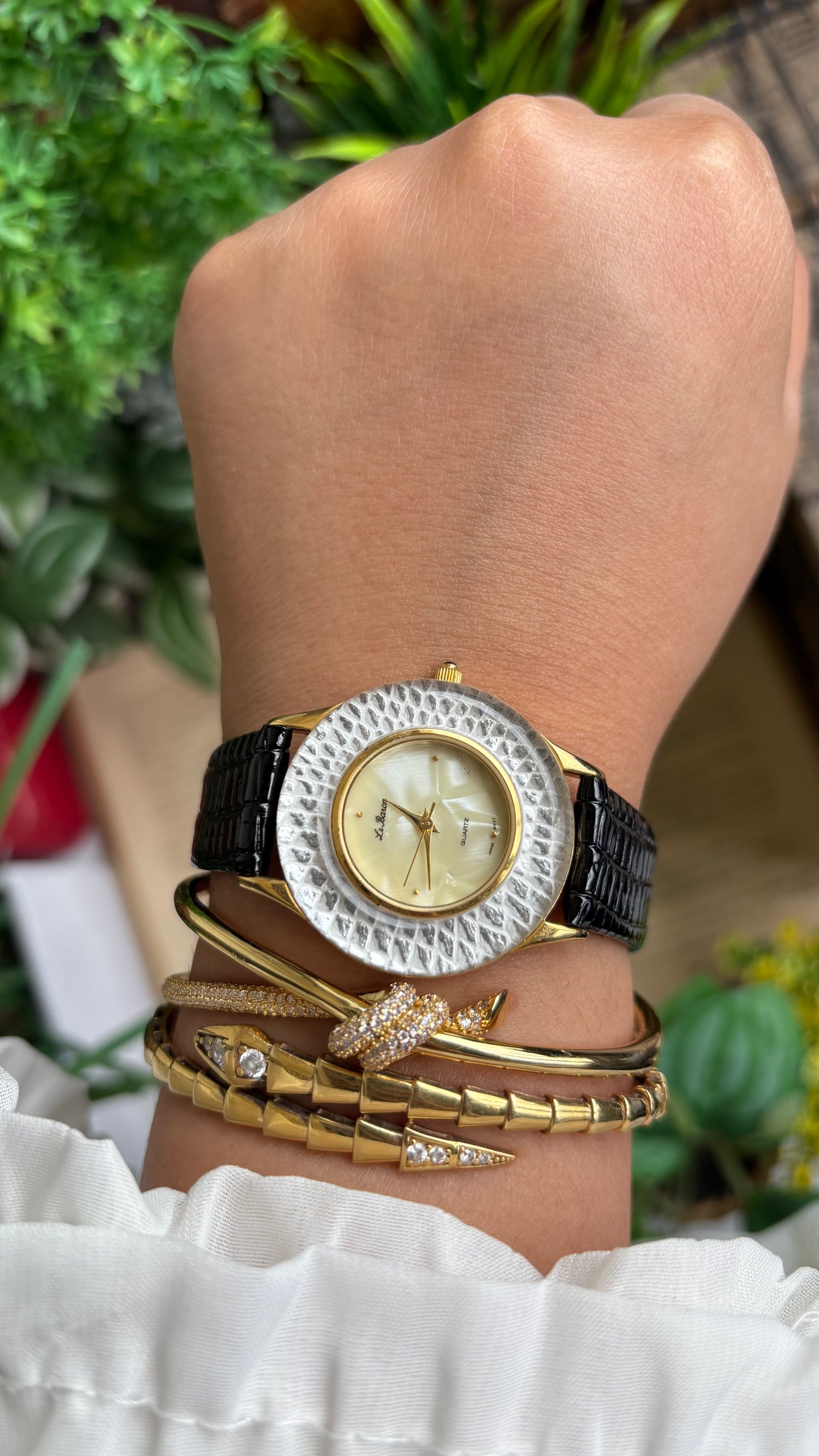 Vintage Le Baron Watch in Black Leather Strap Pearl Dial Snake Style Bezel