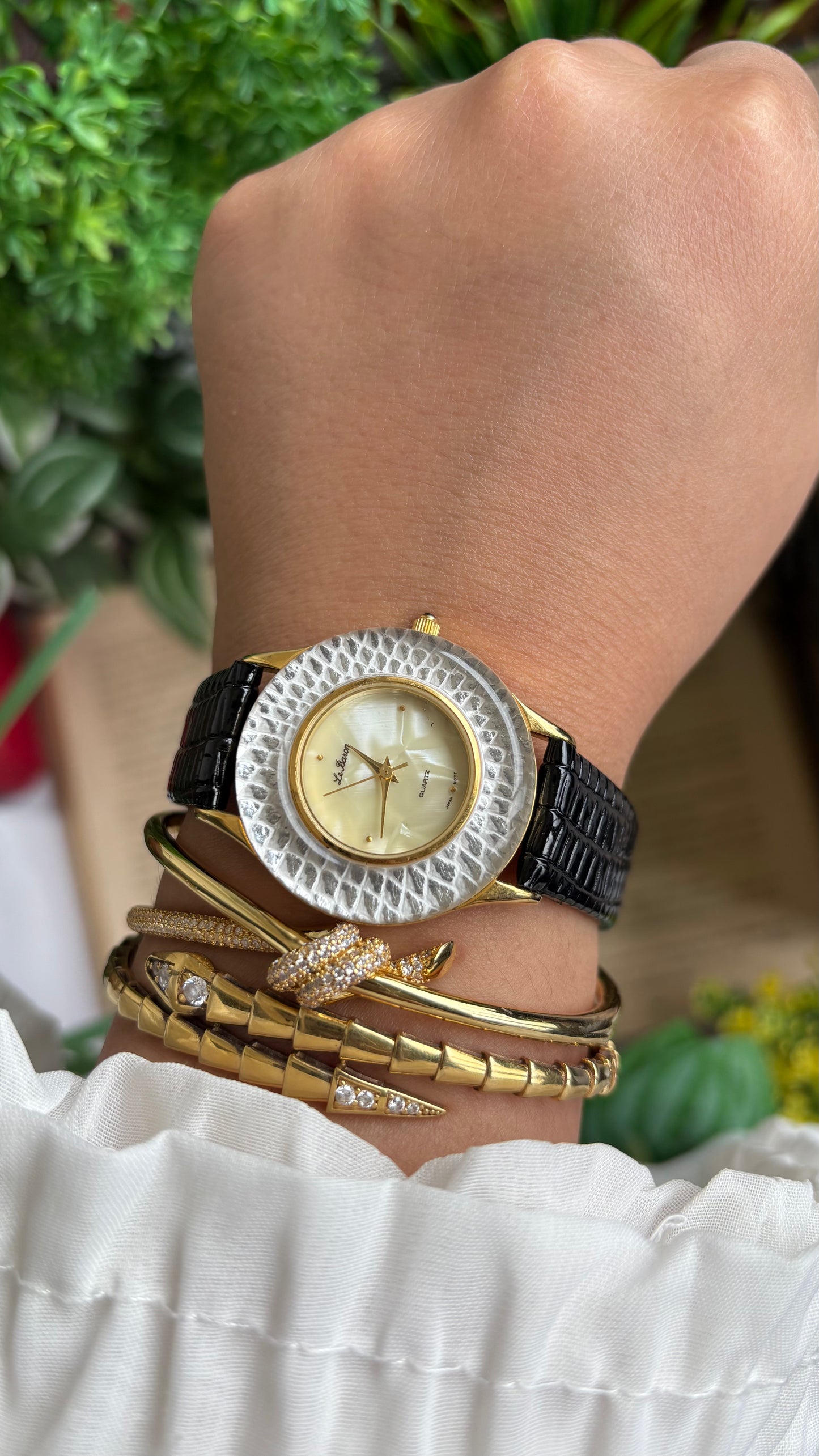 Vintage Le Baron Watch in Black Leather Strap Pearl Dial Snake Style Bezel