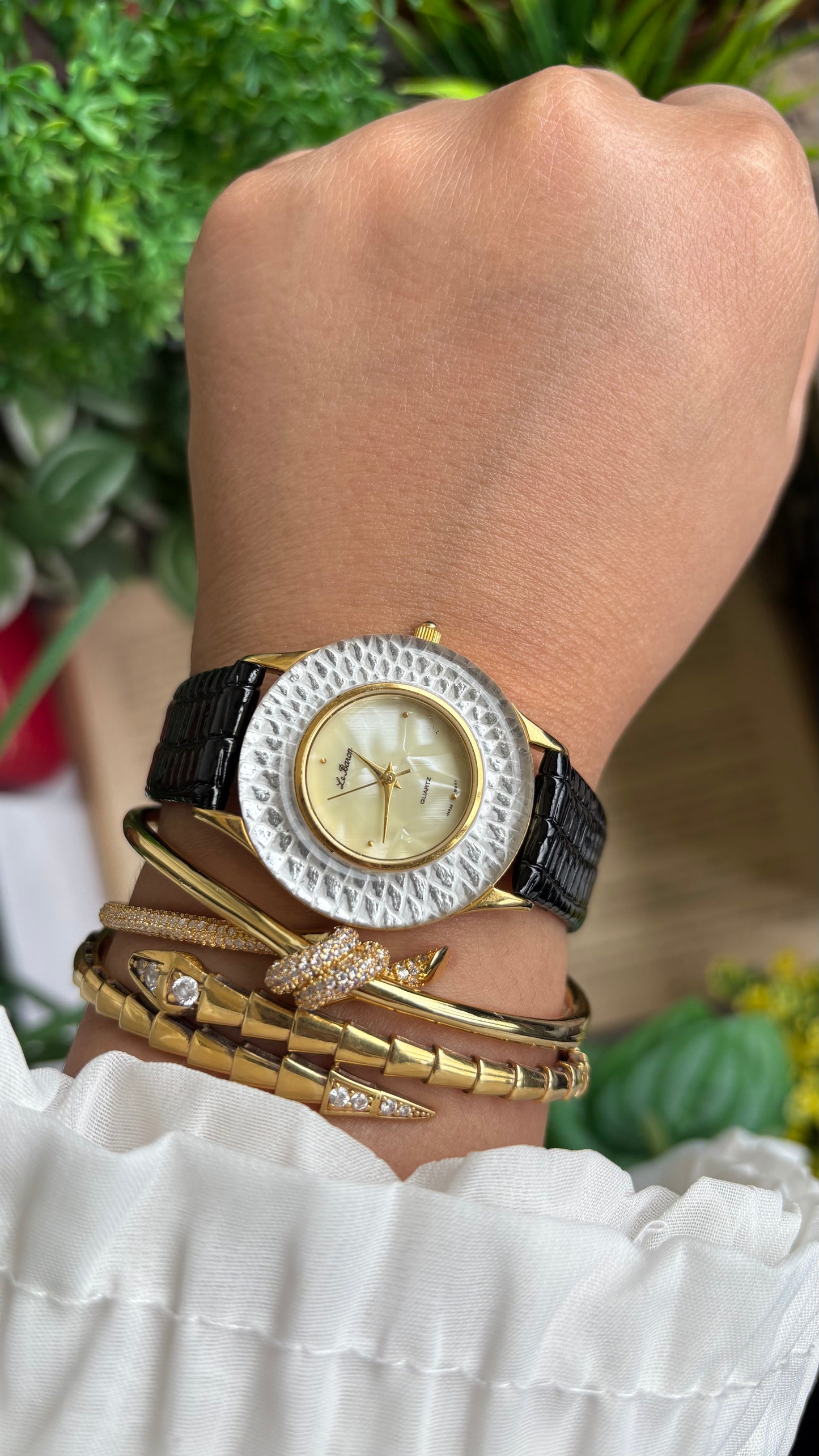 Vintage Le Baron Watch in Black Leather Strap Pearl Dial Snake Style Bezel