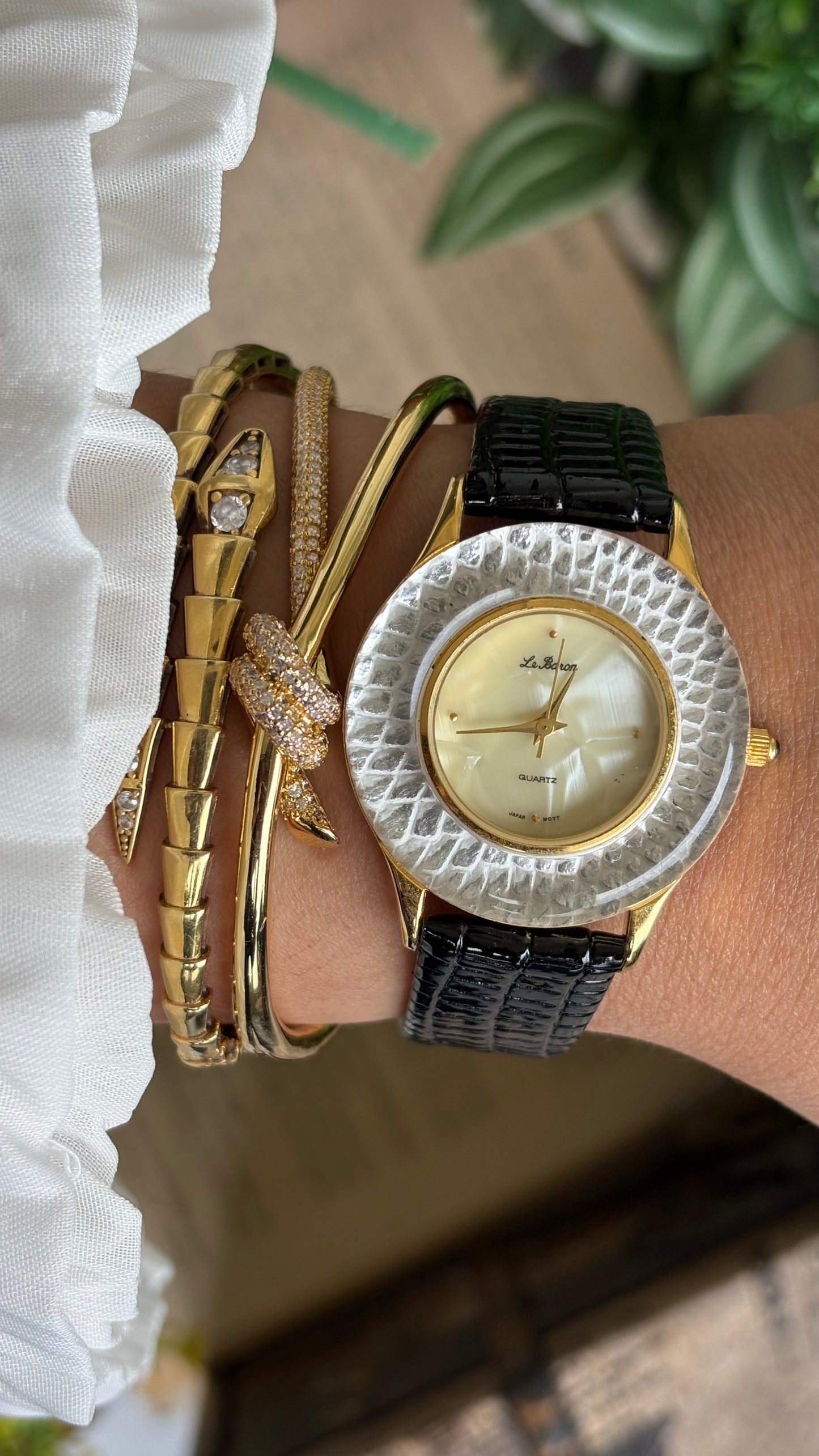 Vintage Le Baron Watch in Black Leather Strap Pearl Dial Snake Style Bezel