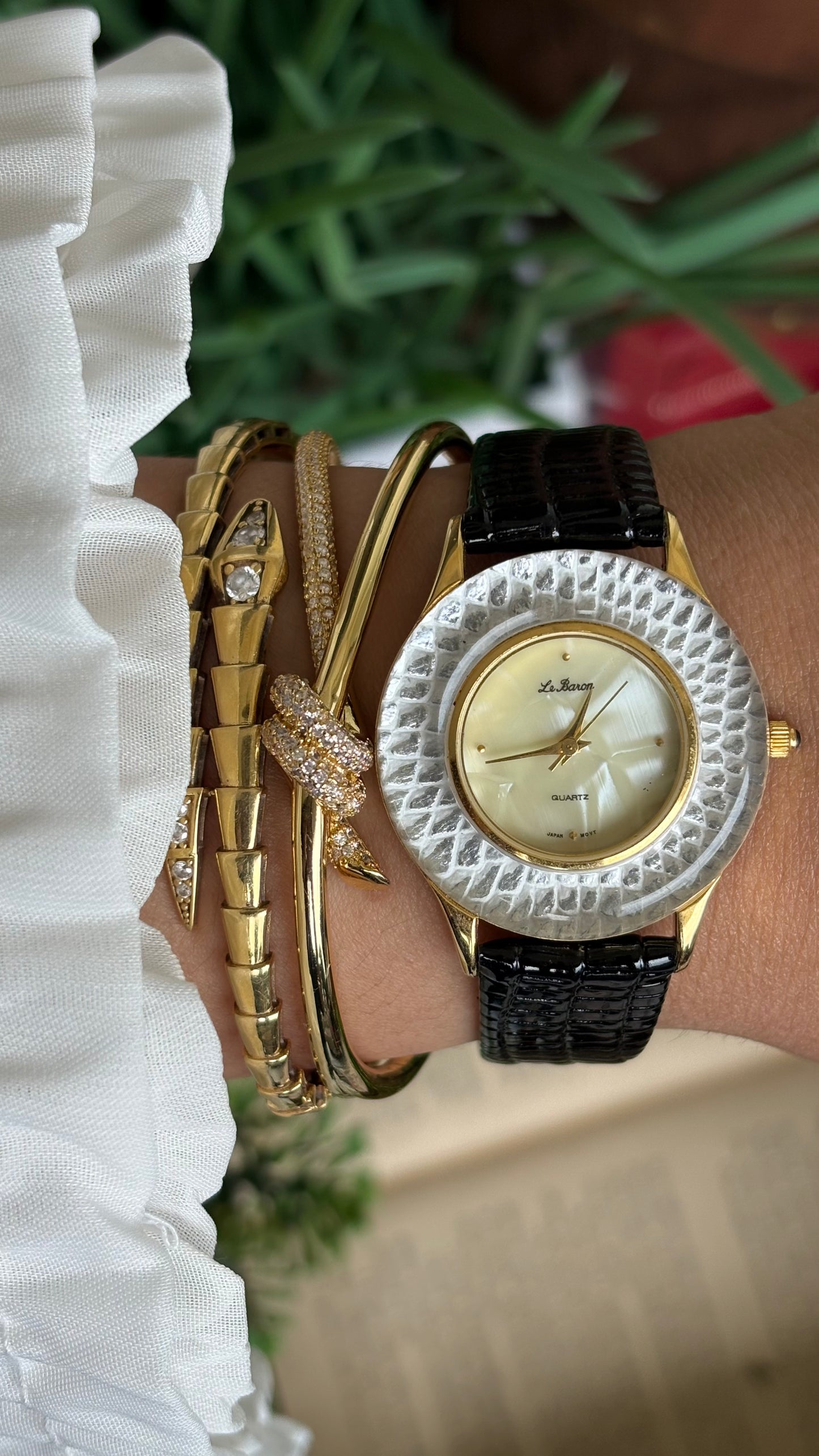 Vintage Le Baron Watch in Black Leather Strap Pearl Dial Snake Style Bezel